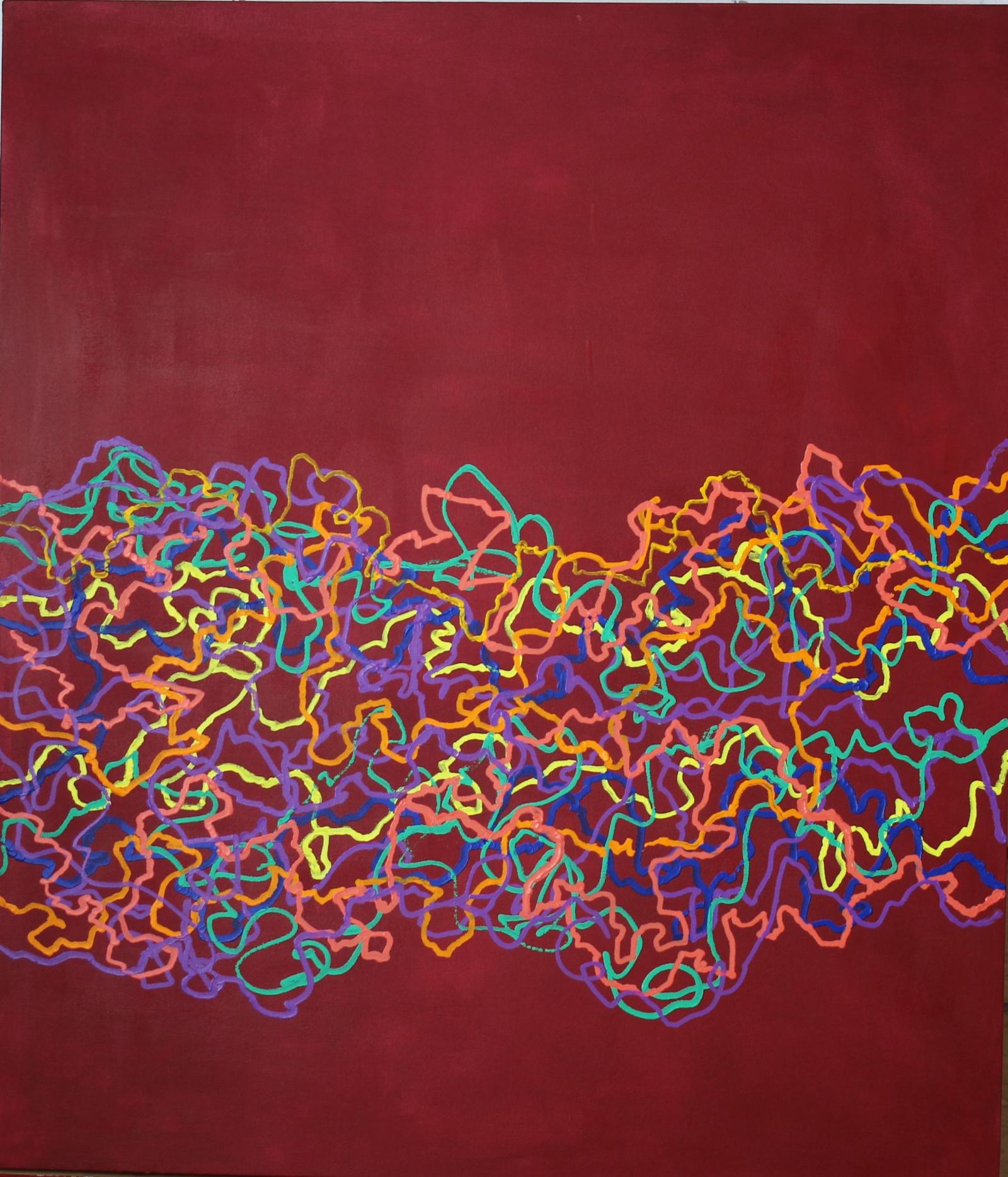 This work was inspired by tangled yarn on the floor. Agitated movement of lines in the lower part of the painting creates tension between color and flow on the surface of the painting.