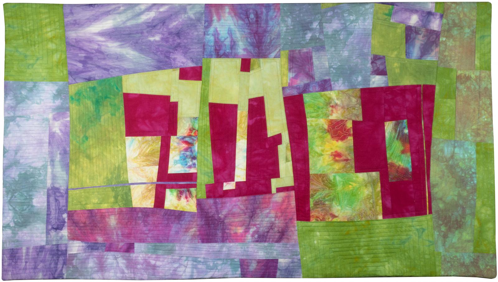 Textile wall hanging.  Machine pieced using cotton fabric dyed by the artist. Machine quilted.