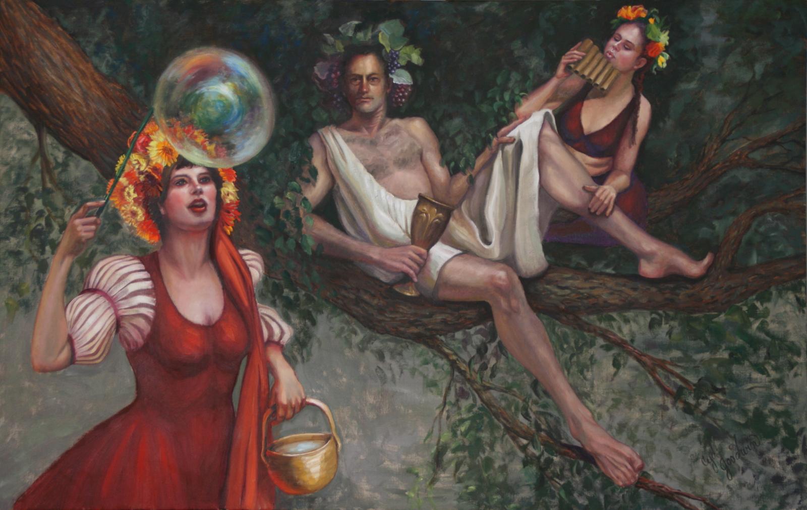 Three Renaissance people focused on a bubble 