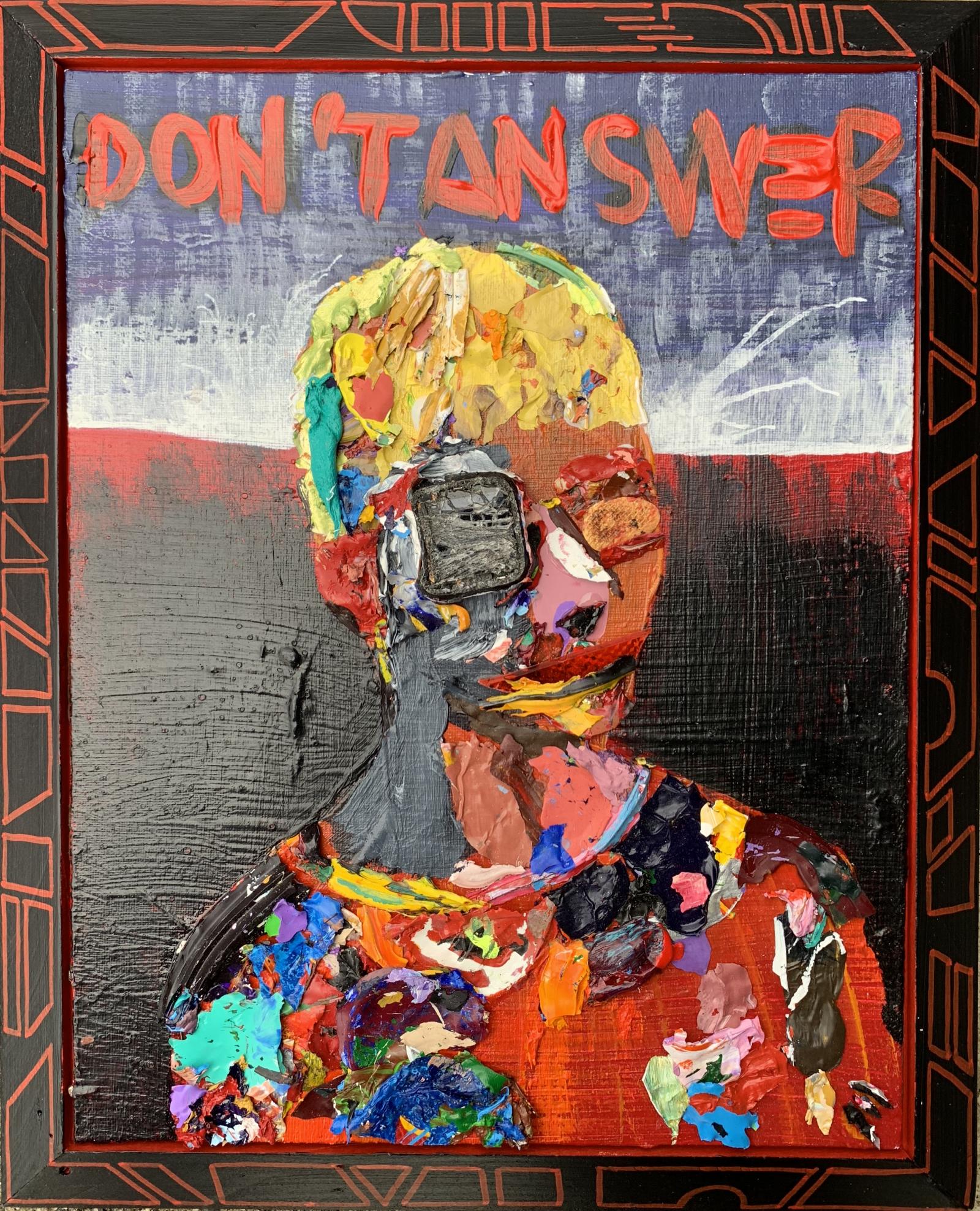 A combination of themes, abstraction, comic sensibilities, and assembled materials.  Canvas board attached to hand made frame.  Image is acrylic with found objects and reclaimed acrylic paint peels.