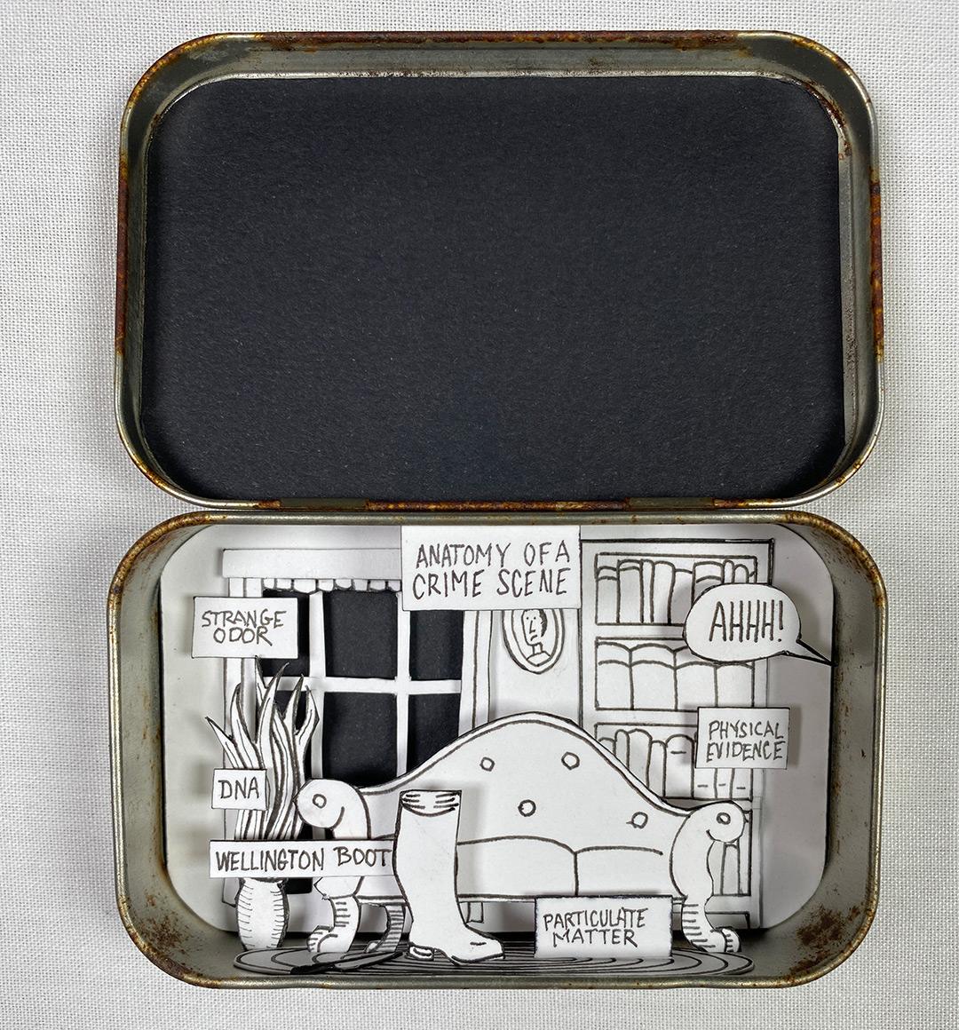 A cut paper diorama depicting the parts of a crime scene.
