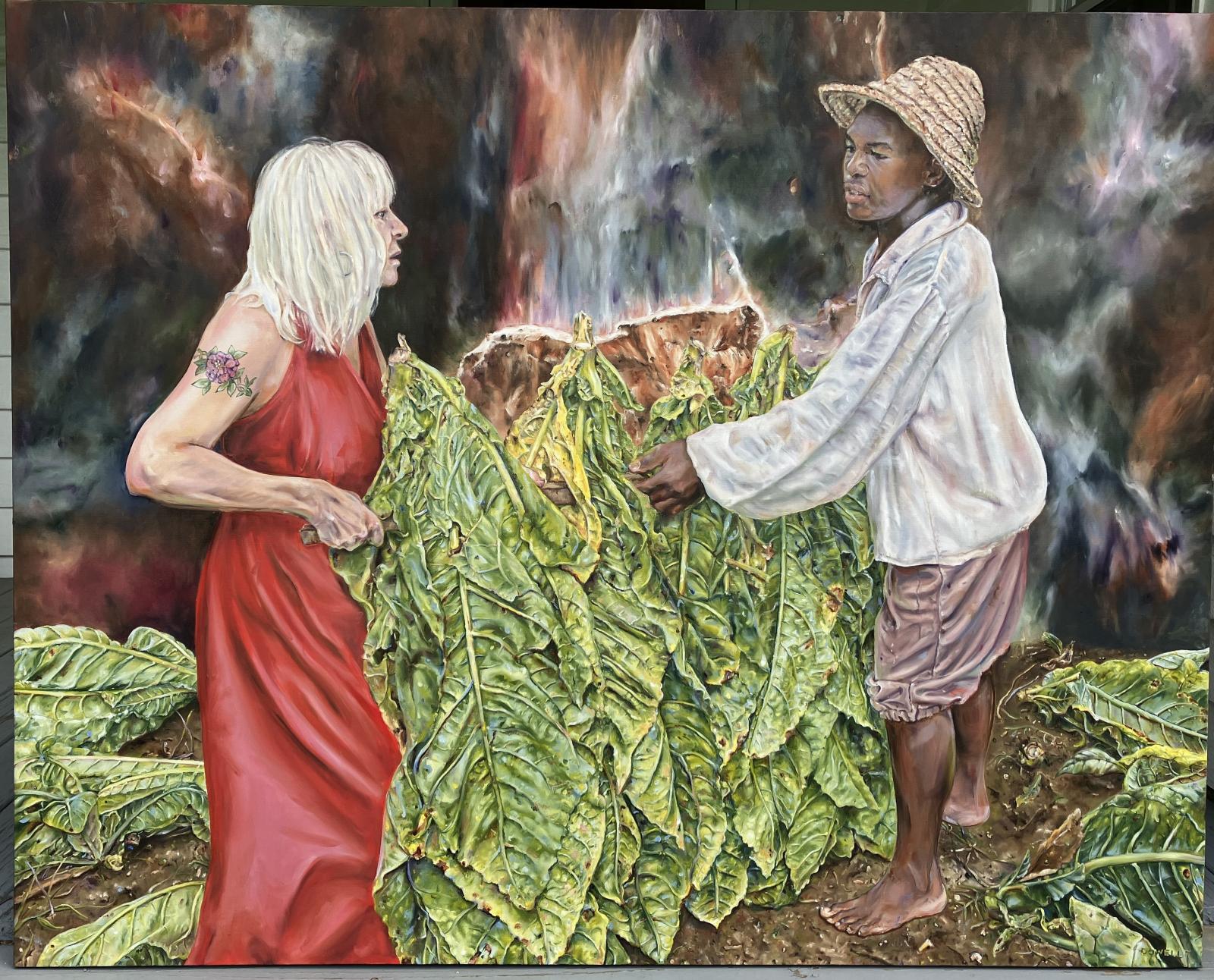 In this time warp piece I painted a self portrait with a young man who worked the tobacco fields on the same land I did - but more than 100 years apart. I worked to help support my family, he worked to earn money to purchase his father's freedom (his father was enslaved on a neighboring farm). We both would go on to earn Ph.D. degrees.