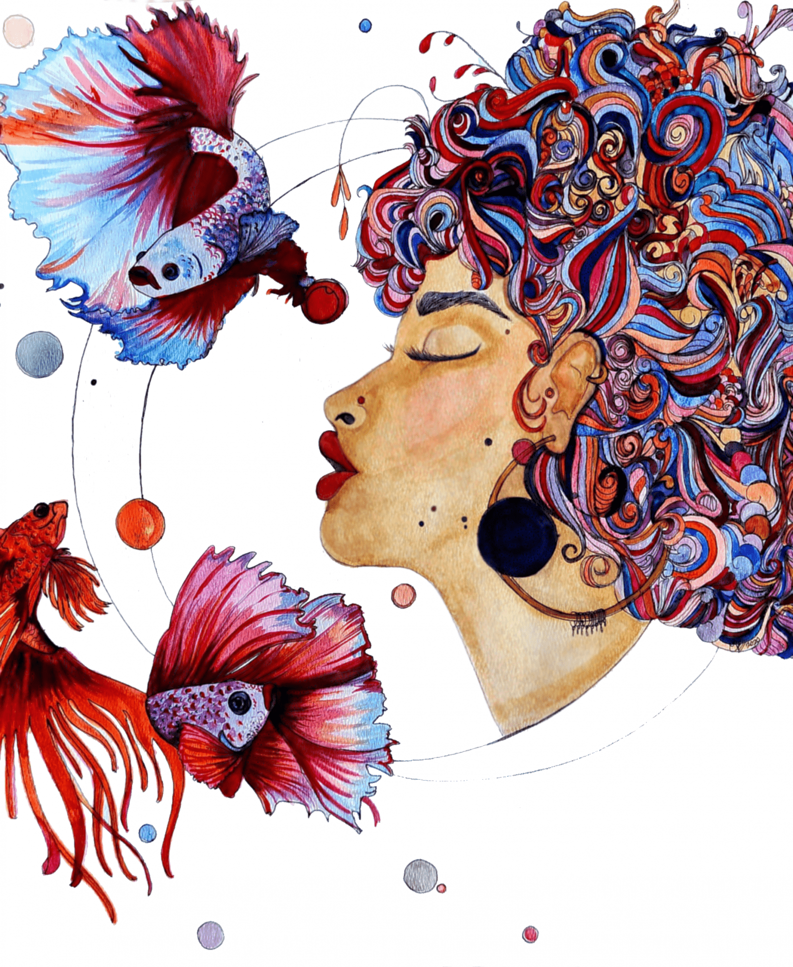 It is traditionally known that dreaming of fish is a sign of prosperity.  In this image I have depicted an Afro-Latina having auspicious dreams of fighting fish swimming about her. 