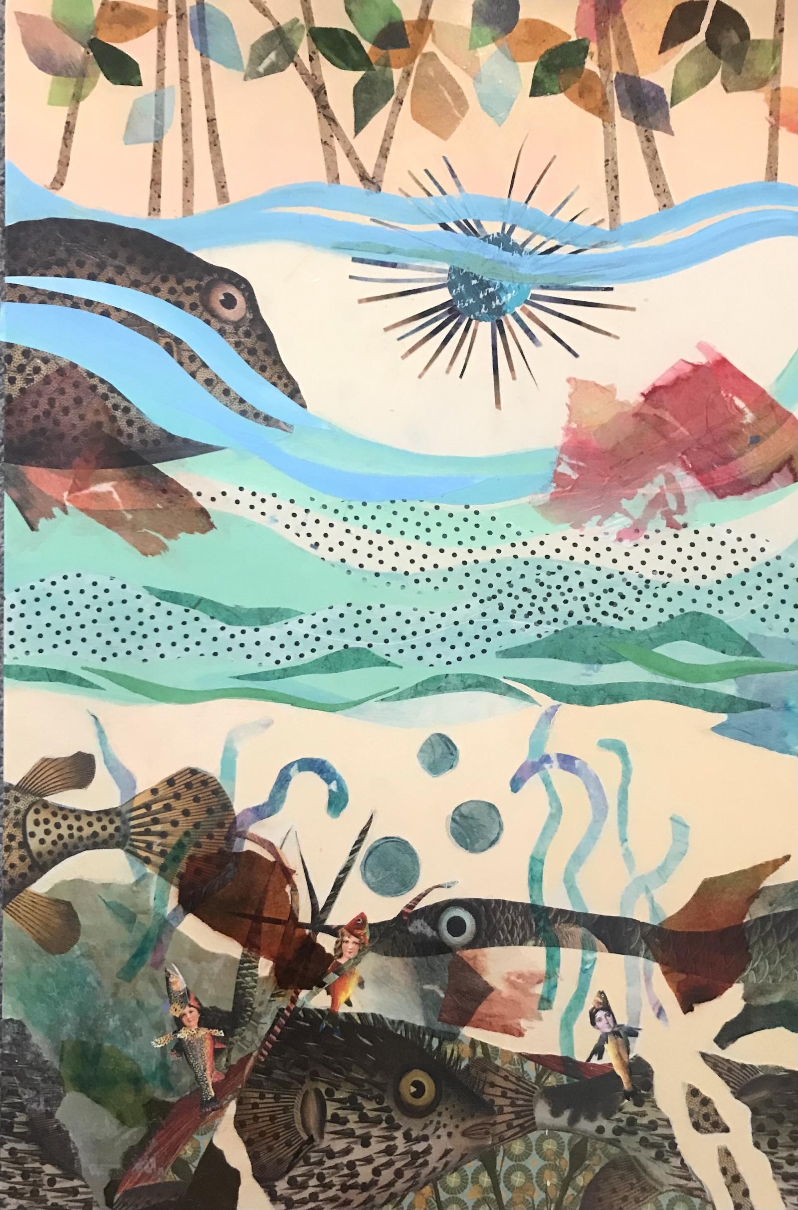 Multi-media collage on canvas.
An imaginary world beneath the sea.