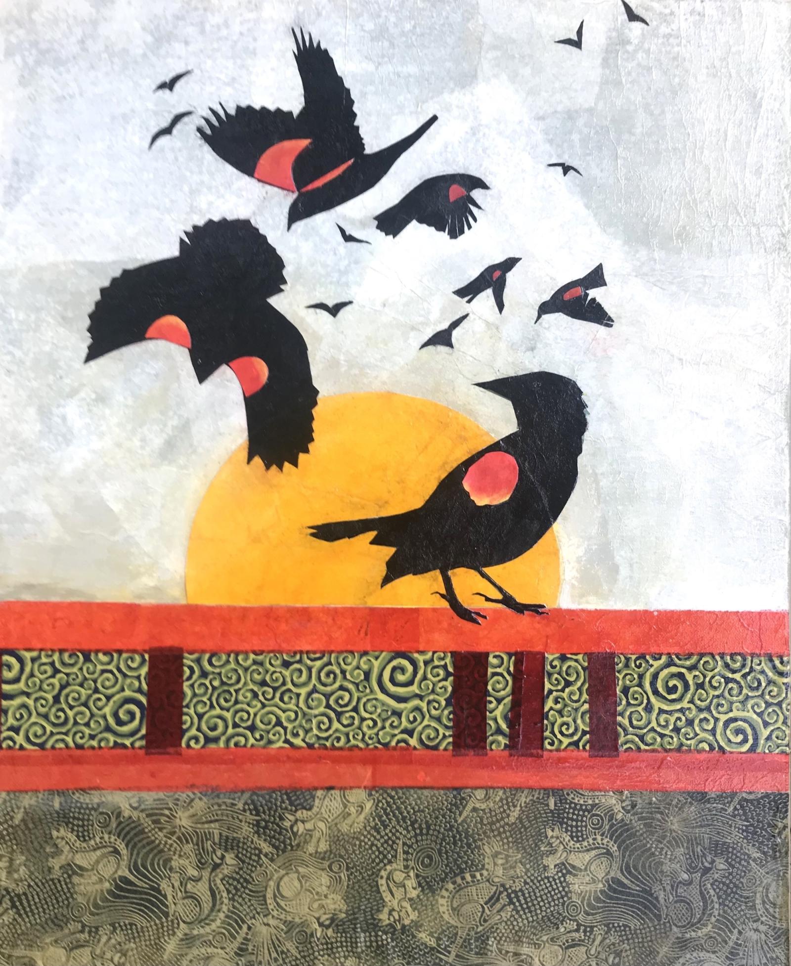 Multi-media collage on canvas. 
I love birds...crows, ravens, blackbirds and birds of all colors. This image was inspired by the flocks of redwing blackbirds I sometimes see and hear on walks around a nearby lake. I love their gregarious audacity.
