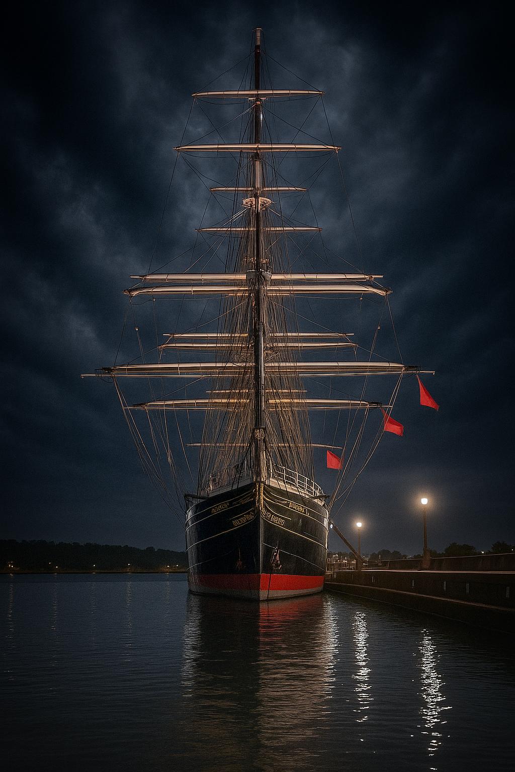 This dramatic nighttime photograph captures a tall sailing ship—likely a Dutch barque—moored at a quiet harbor under a turbulent, cloud-laden sky.