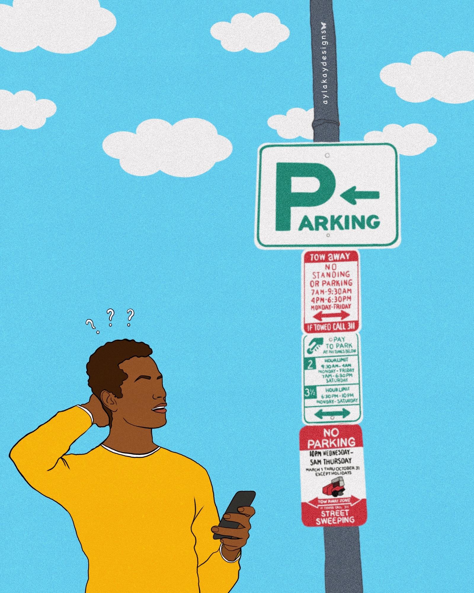 Inspired from the confusing parking signs in DC that many people new to DC have trouble reading. 