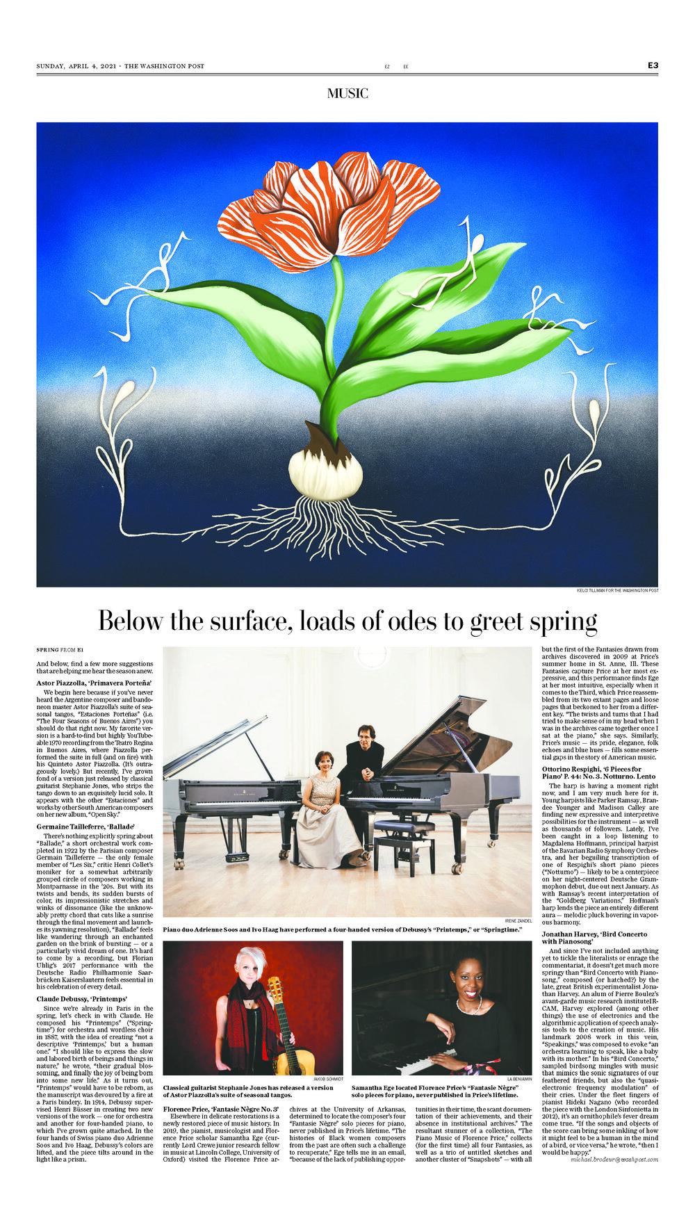 A quick turn-around illustration piece for Washington Post. I was asked to evoke the feeling of rebirth, renewal, and of thawing out, to celebrate the sounds of Spring. AD: Emily Wright