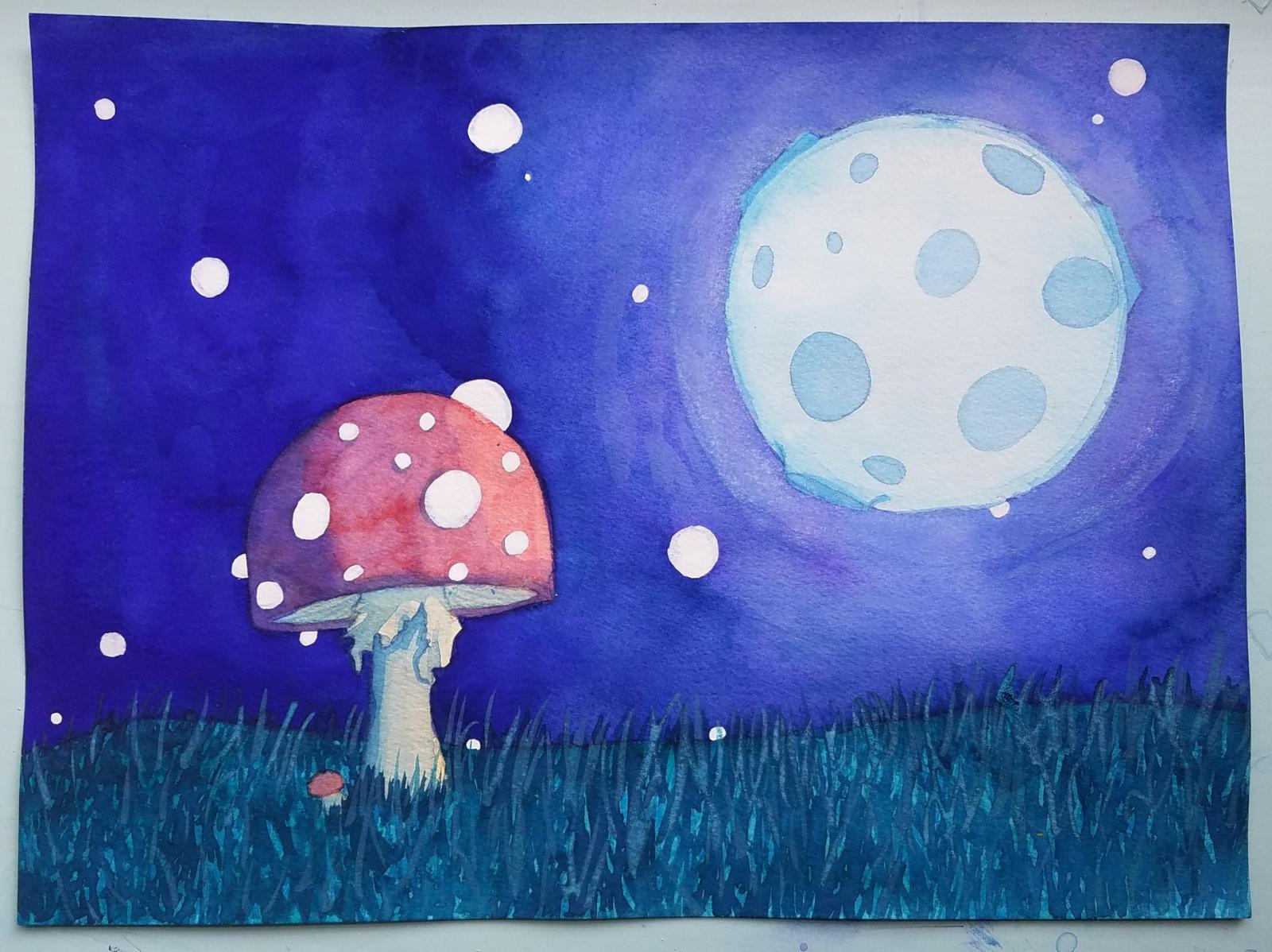 Just a mushroom chilling in the moonlight. This painting was done in gouache and it was a fun experiment to try to make the glow effect for the moon.