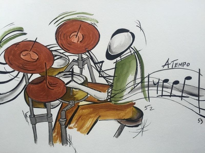 There is something about watching watercolors flow once they hit the water on paper. This series of jazz pieces are unique alone but more dramatic as a triptych; as a set of three, Trio, Lady Makes Three and Drummer. Each set of three are a small jazz band with one color and the musical staff flowing through each complimenting the group.