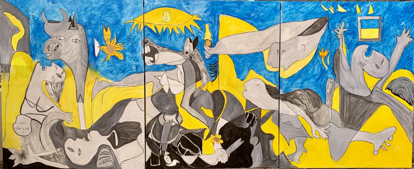12 ft triptych inspired by Picasso’s Guernica which memorialized civilian murder