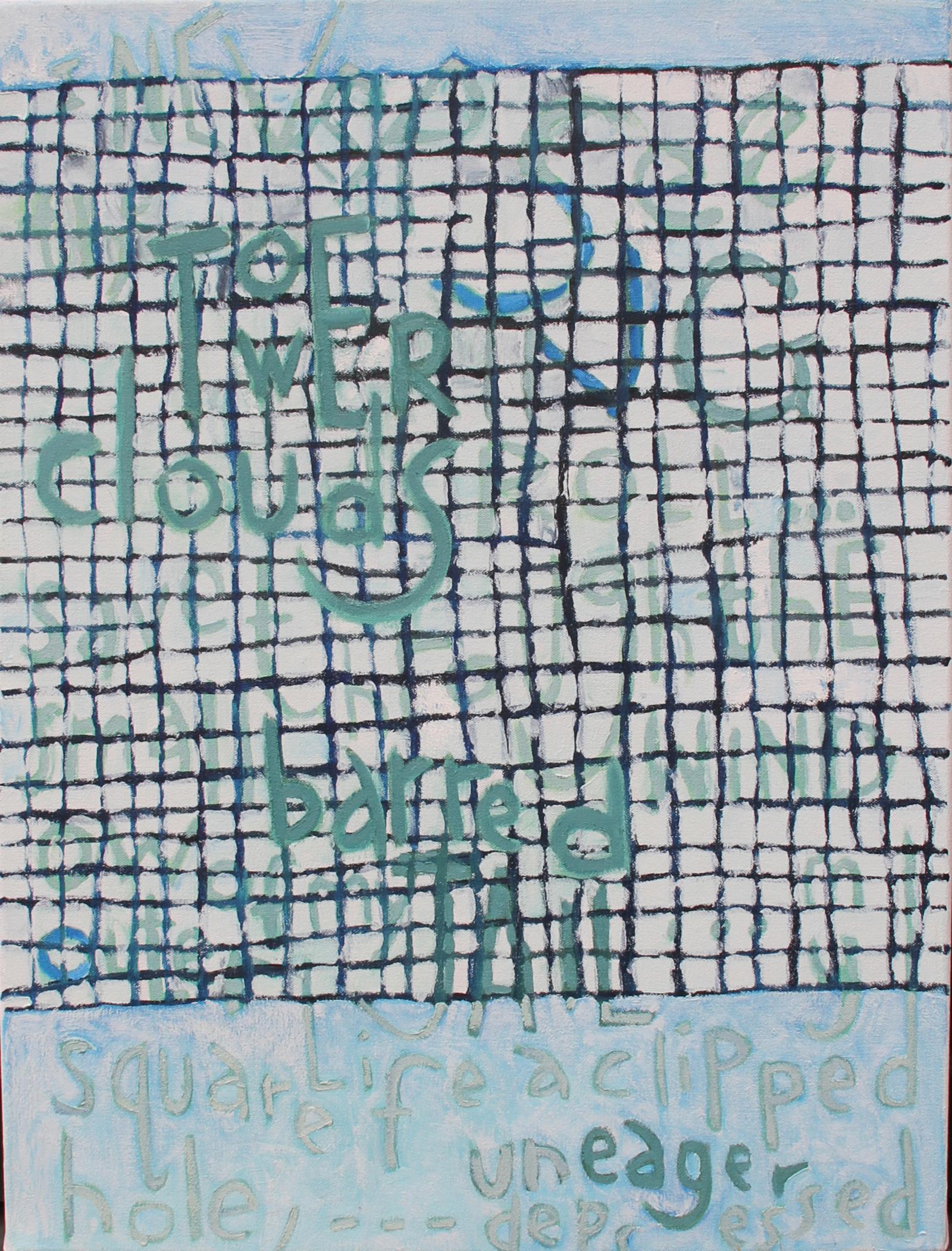 oil painting with mostly cerulean blue, white, and ultramine blue. A grid takes up 2/3 of the surface and text is written, though mostly illegible, on all of the painting