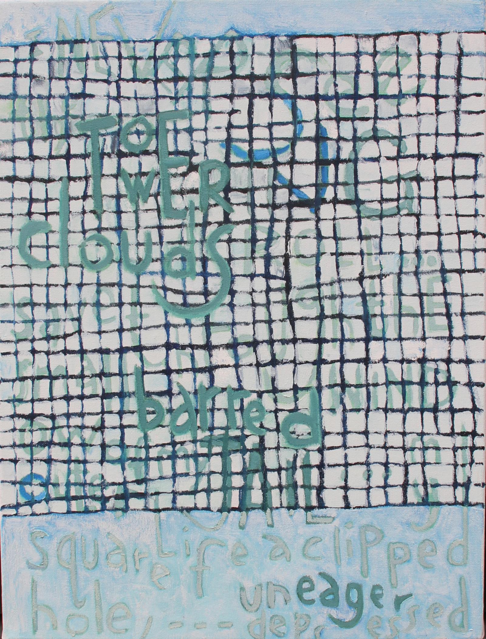 oil painting with mostly cerulean blue, white, and ultramine blue.  A grid takes up 2/3 of the surface and text is written, though mostly illegible, on all of the painting