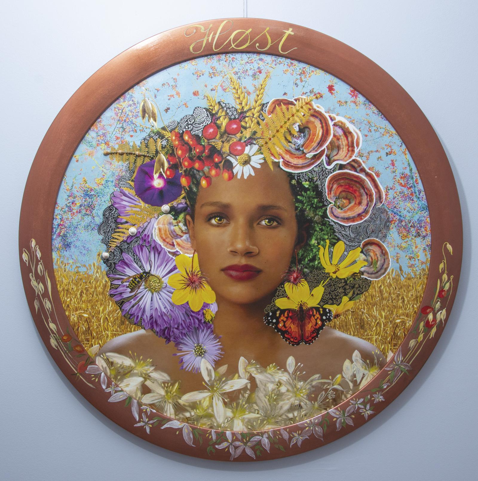 "Four Seasons" is a series that honors all women and our common mother the earth.
The paintings are digital collages of nature photographs taken over the last 20 years and portraits of women from around the world who personify the seasons, they can be thought of as Queens/Goddesses or Spirits. The circle is at the heart of this series and nature is at its center. The finished paintings are printed on canvas and finished with traditional handicrafts like embroidery, beads, and paint. The Custom-designed and painted frames are part of the work.

Going from an analog world to a digital creation and back again to a finished piece that is tactile and embraces the traditions of generations past is an important part of this work. The paintings showcase women of all ages from the maiden still unformed and searching for her power; the mother whose strength is the bounty of the earth to the grandmother who leads the tribe with her thoughtful advice.
