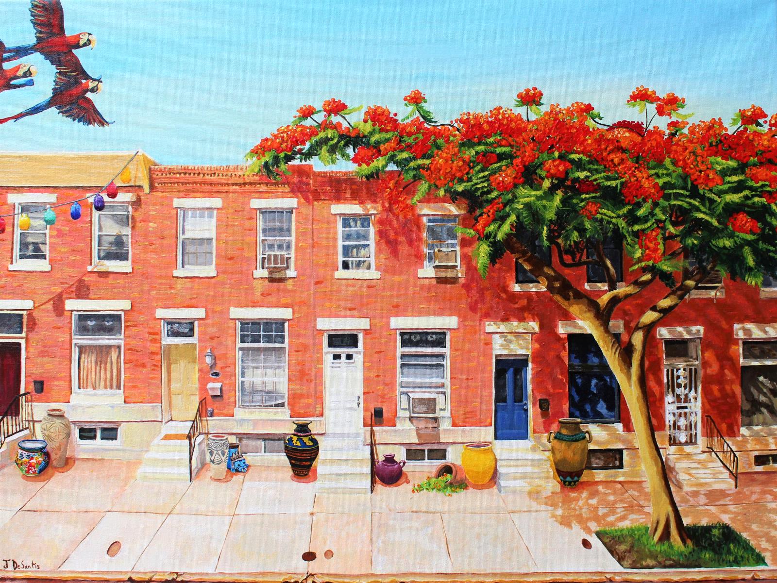 Translated to "The Spirit of the People", this piece features typical architecture found in the Highlandtown neighborhood in Baltimore where a growing population of Latin American immigrants now reside. Parrots, Central American pottery, and a Royal Poinciana tree are incorporated in a form of magical realism. The painting celebrates Latin American Heritage and immigrants in America, symbolizing the new life and vitality they bring with them to their new communities.