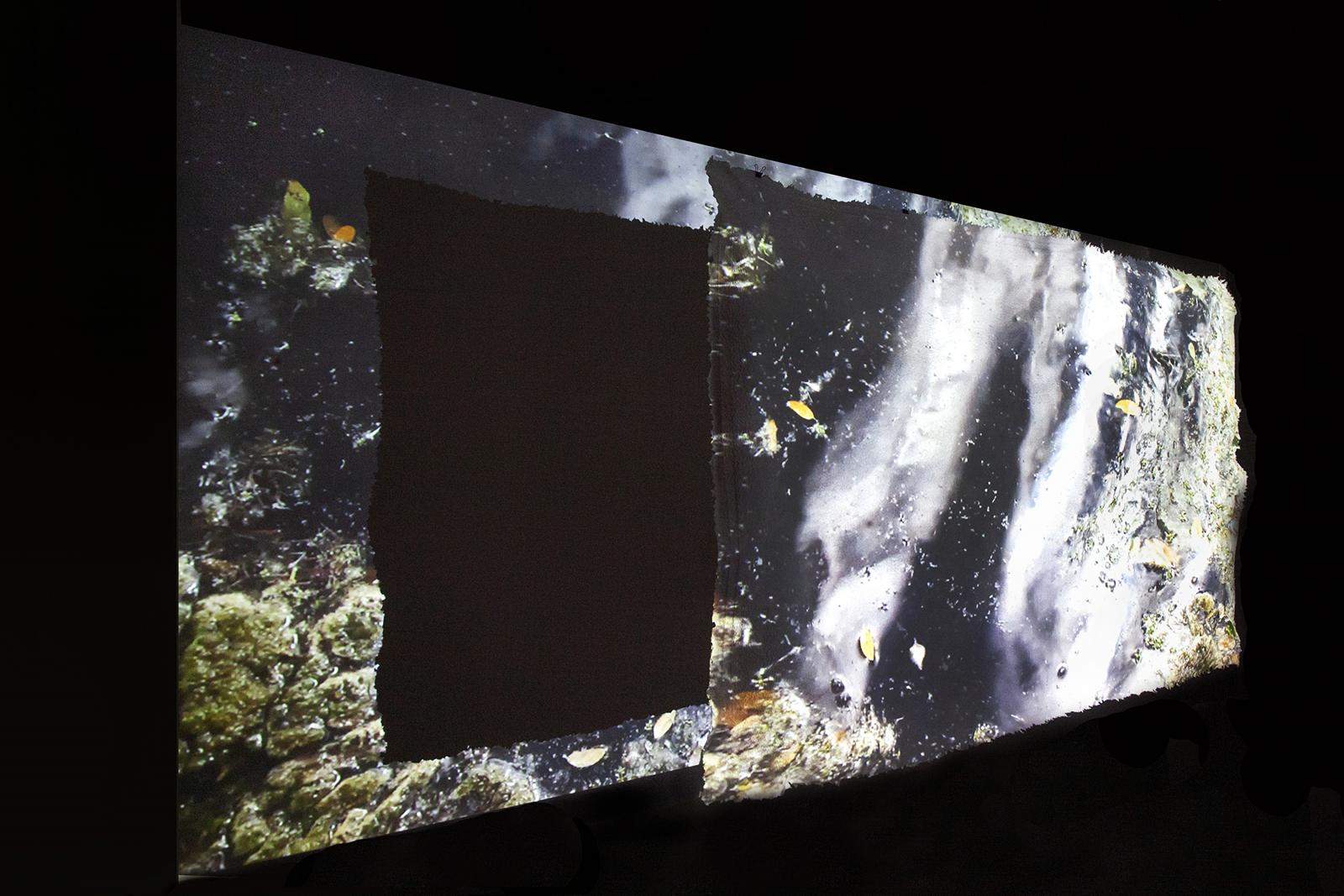 The paper is 4 feet away from the wall and suspended from the ceiling with monofilament. This allows for viewers to interact with the work by moving around the paper to become part of the video projection.