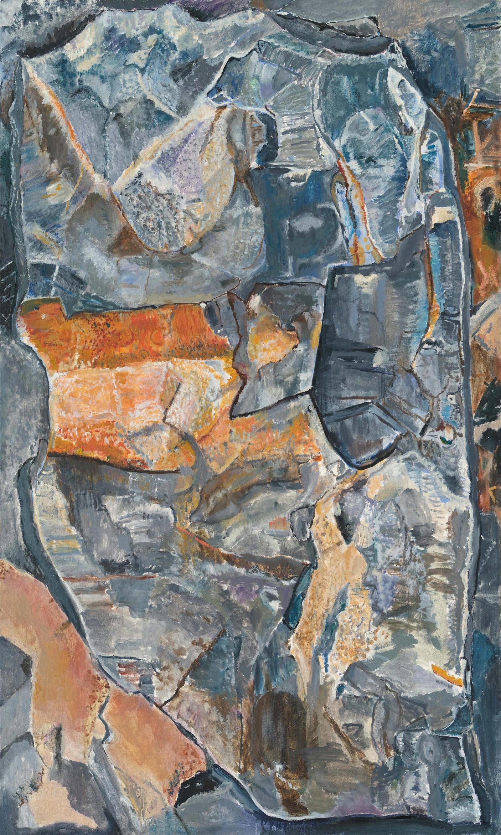 A monumental abstract oil painting of a facetted blue-grey rock with areas of orange. The work is based on a rock found at 18-Mile Creek Park in Hamburg, NY.  