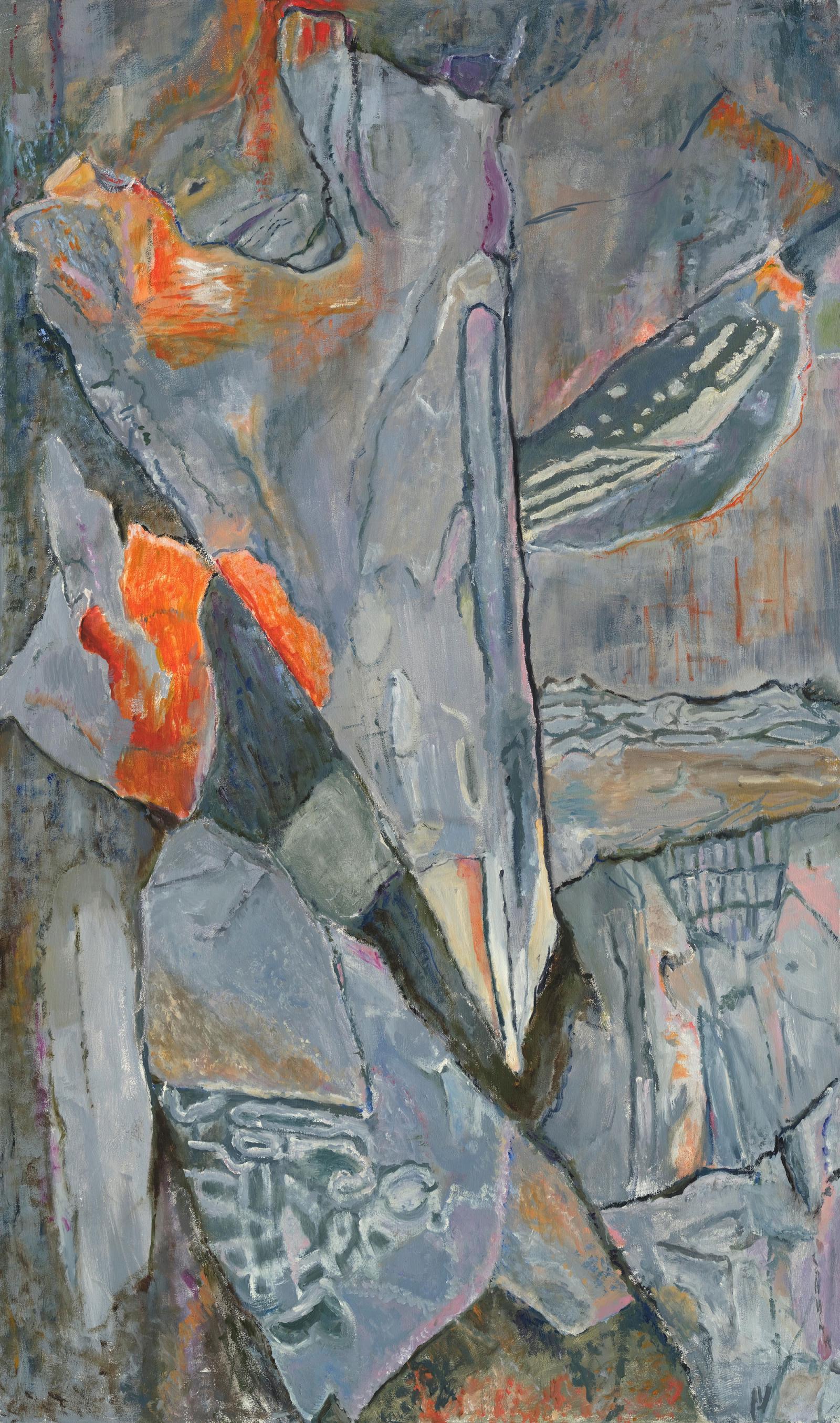 This abstract oil painting depicts rocks, which are inscribed with patterns left by fossilized plants. It features jagged blue-grey rocks with areas of orange and dark intersecting lines. It is based on a photo from the University of Pittsburgh's Department of Geology and Planetary Science.