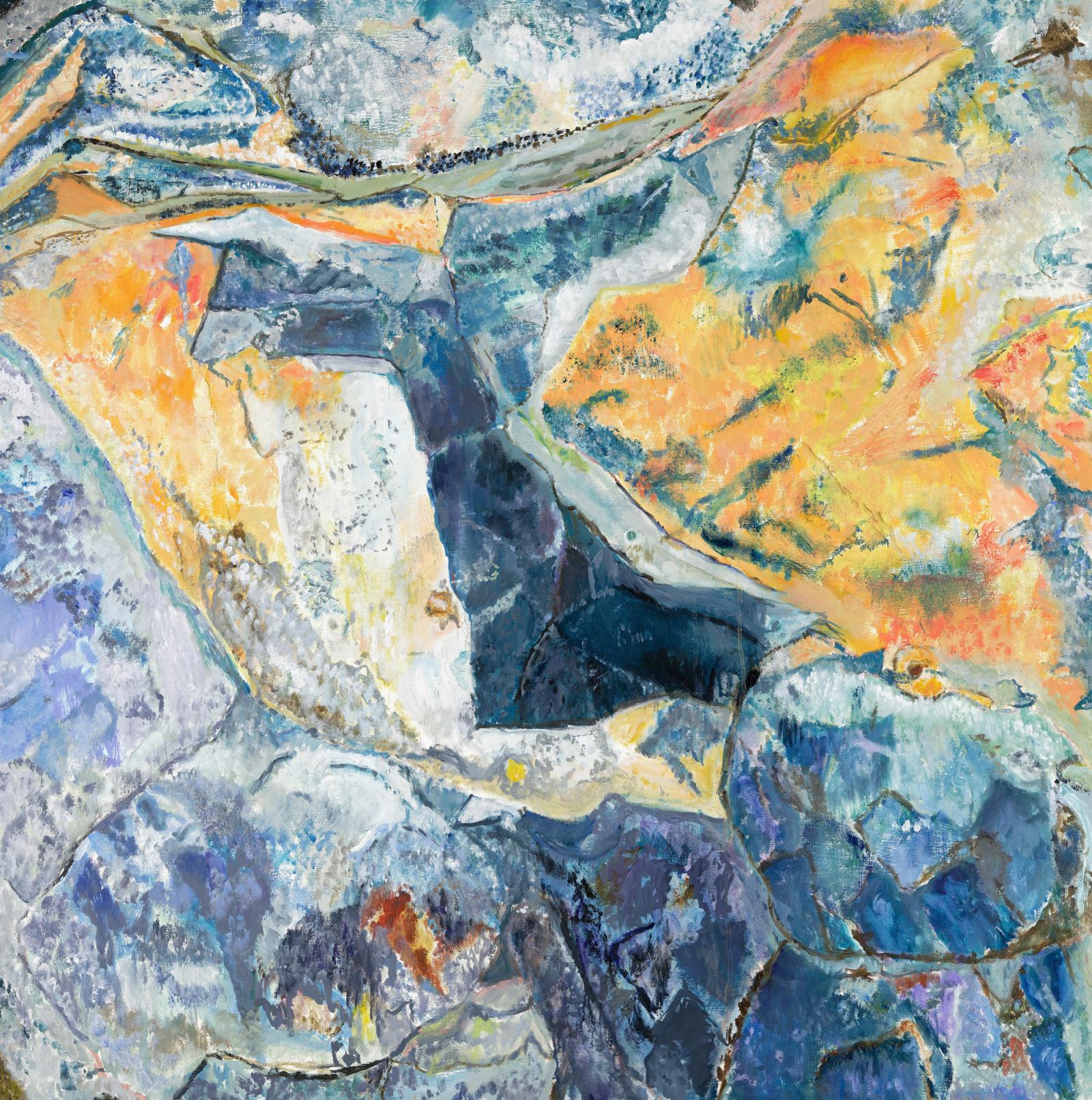 A colorful abstract painting featuring variations of blue and yellow based on a portion of a rock at the 18-Mile Creek Park in Hamburg, NY.