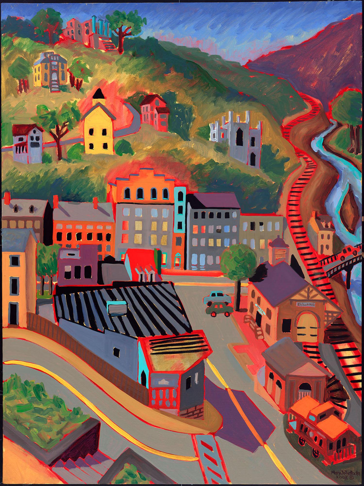 Oil painting of train station, Main Street, Church Road, tracks and river from on high.