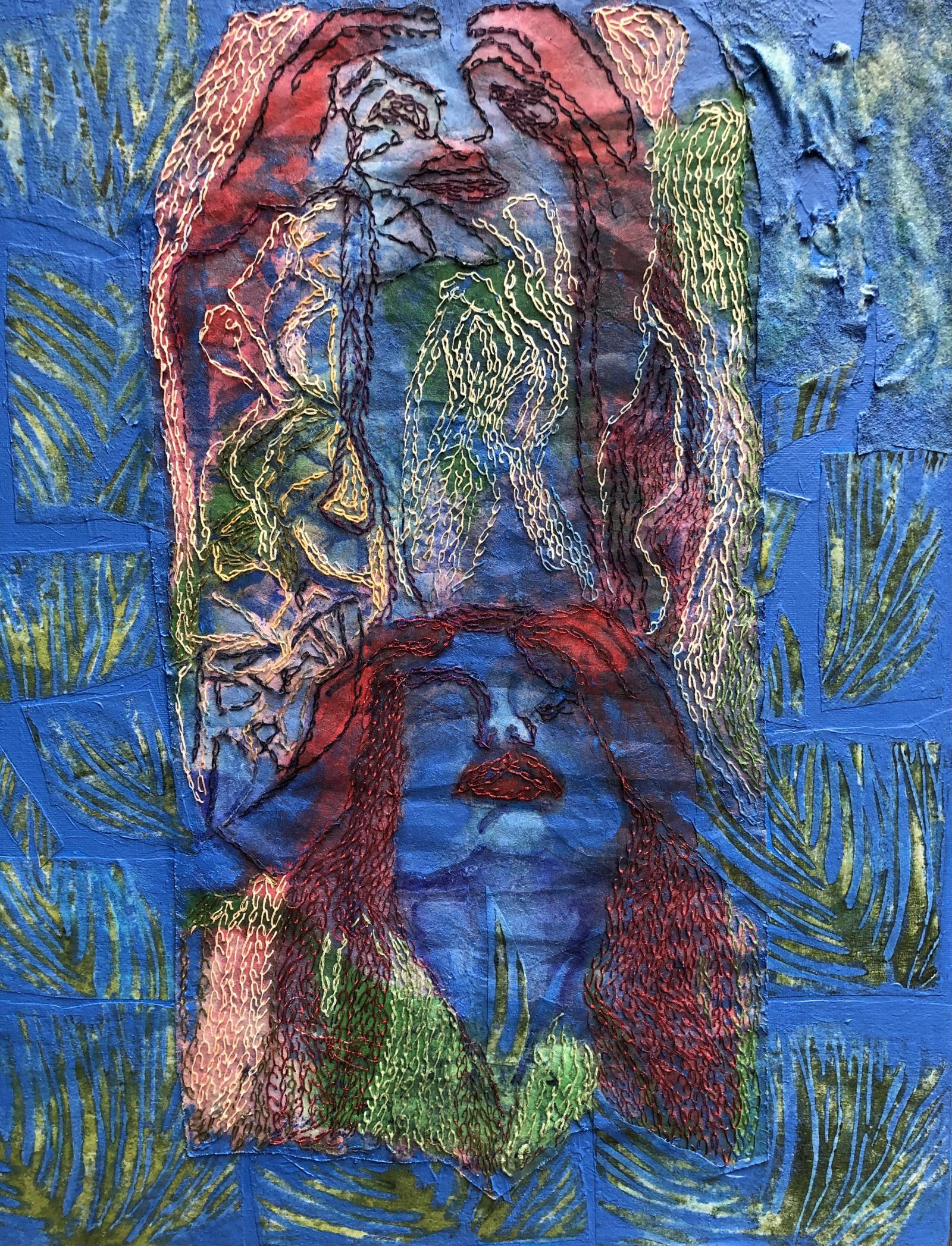 Mixed media, stitches and mono-print on canvas