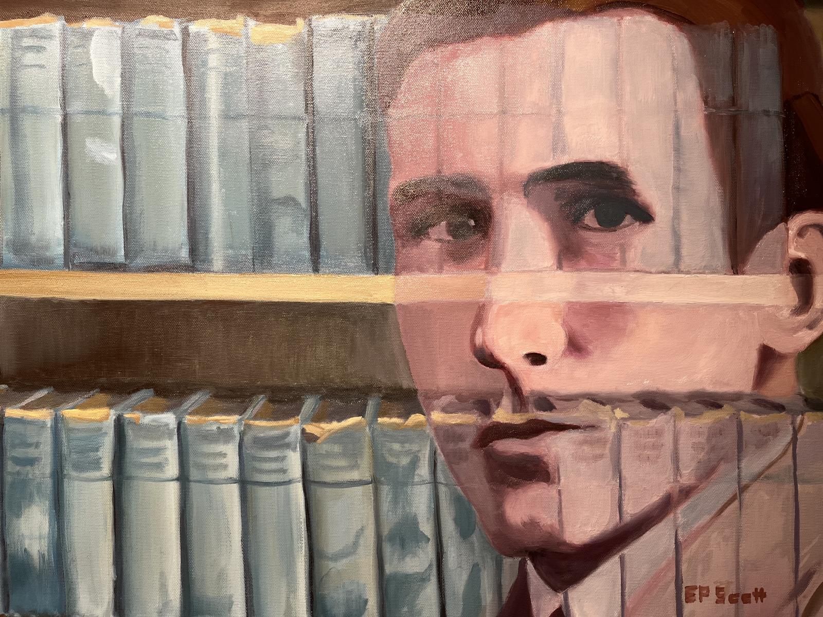 I never met my biological grandfather Edward, who happens to share my name.  (My adoptive parents named me Edward after my adoptive mother's older brother.).  I did this painting to feel more connected to him.  It is based on a photo that my birth mother gave me of my grandfather as a young man.  The background is an old encyclopedia that had been handed down from his father, that my birth mother gave to me.  A thread that runs through us is our love of reading.  If my birthmother had told her parents about her pregnancy with me, how would they have reacted?  That makes them seem like an enigma to me.  However, I have been in touch with many biological cousins who have fond memories of my maternal grandparents.  My cousins have all been welcoming.  I have met one in person, and keep in touch with others on Facebook.