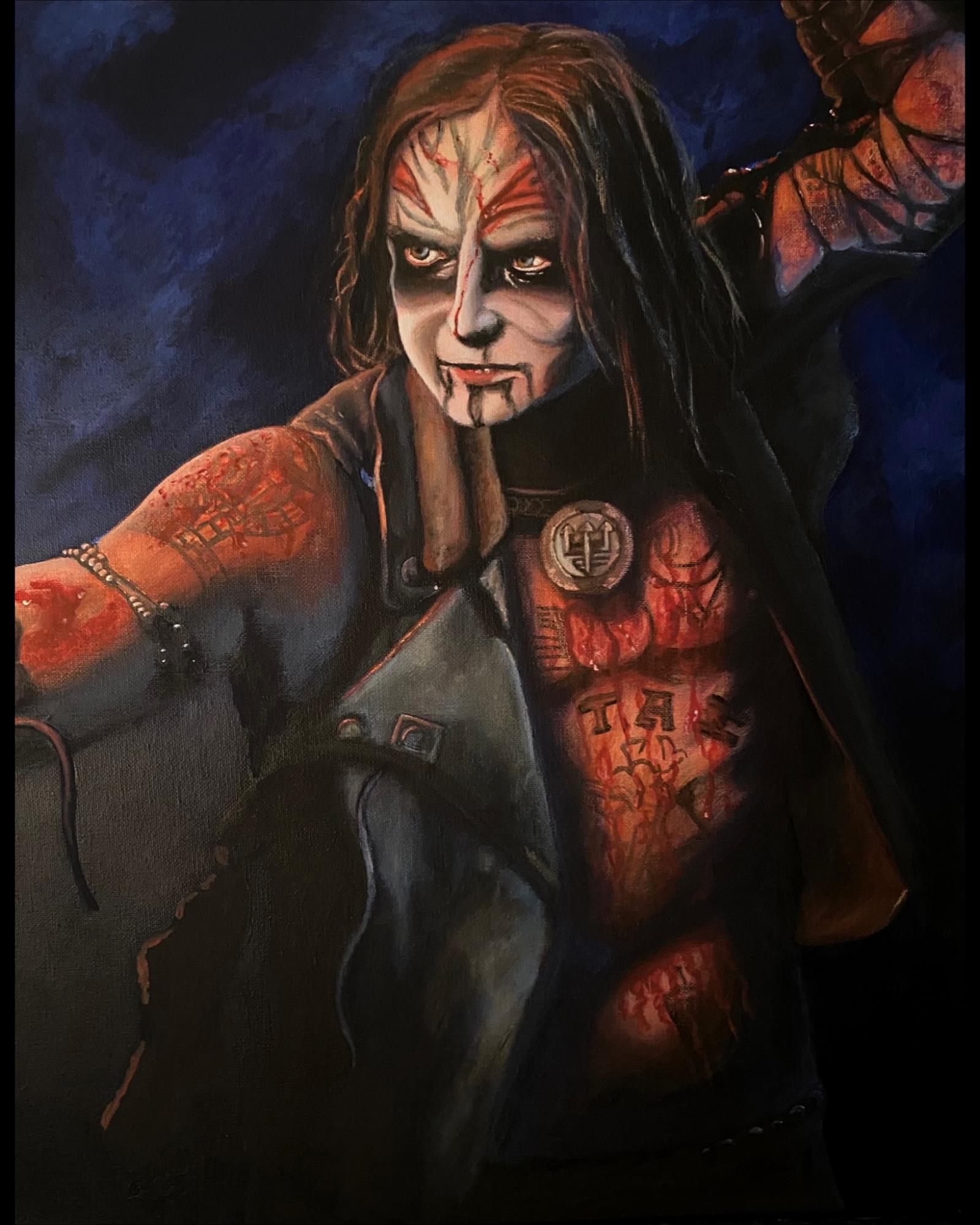 This piece is a portrait in acrylic paint of the musician Erik Danielsson, who is best known as the vocalist of the band Watain.