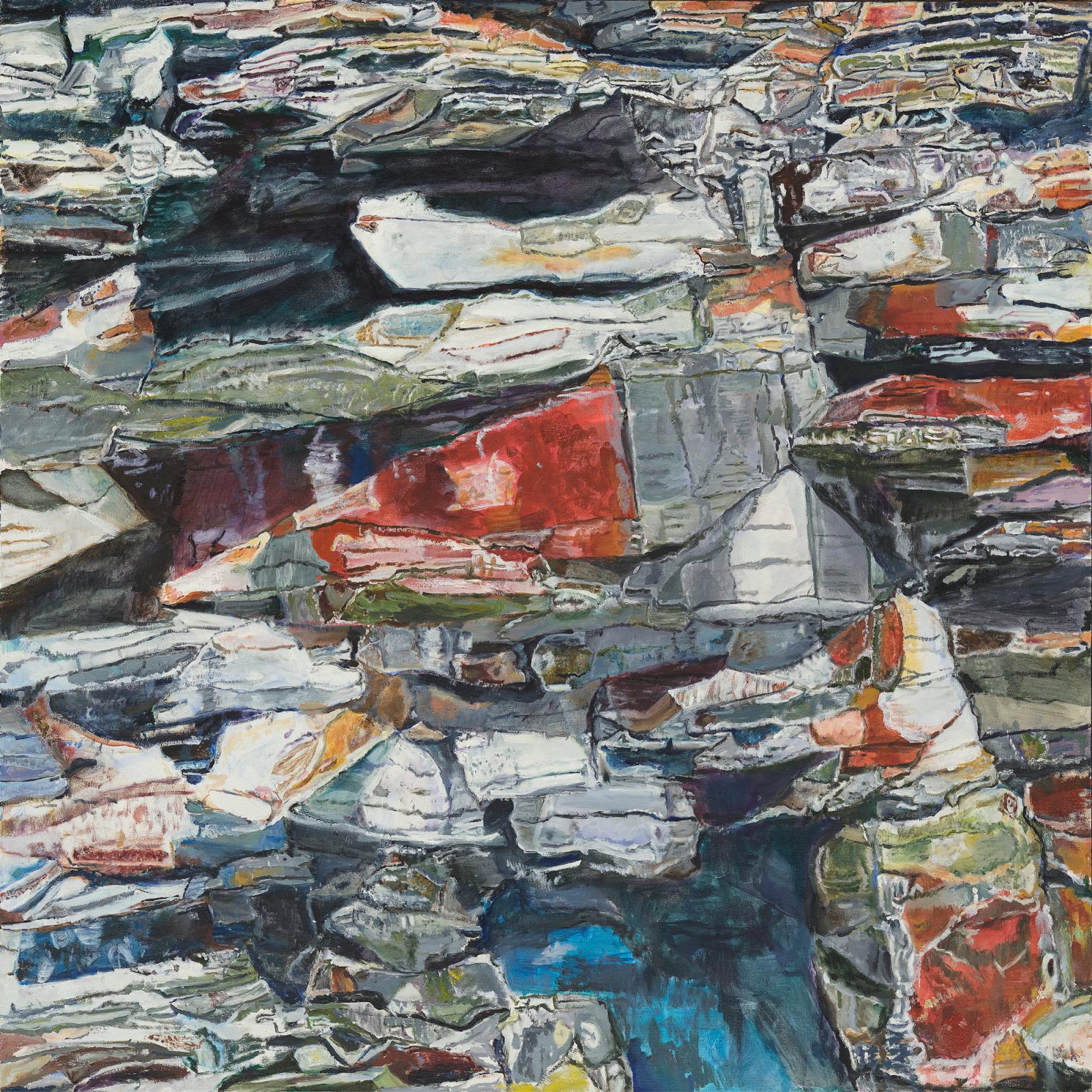 This painting of colorful rocks and layers of shale is based on a photograph of Estonian black shale by the geologist, Siim Sepp. 