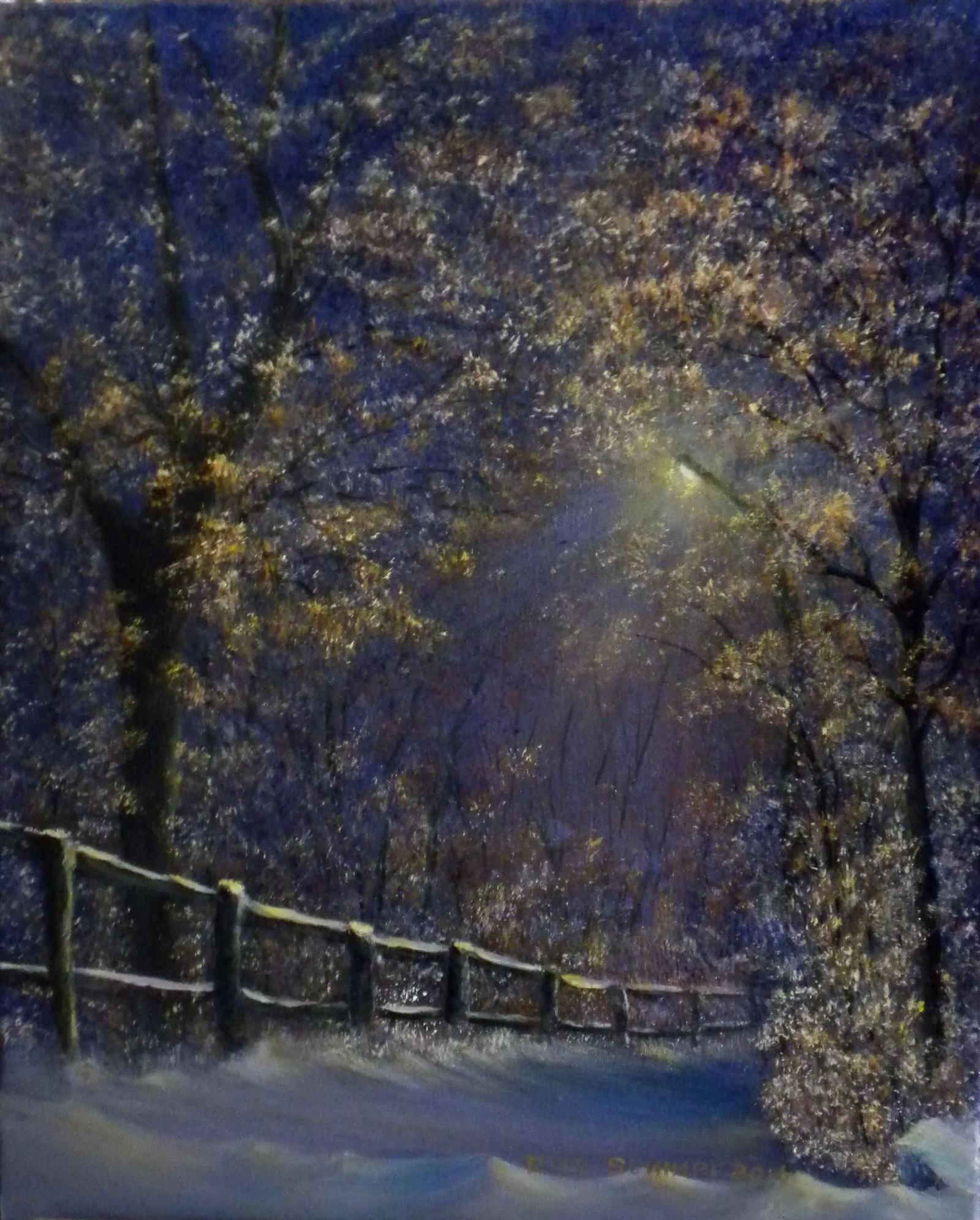 This painting was inspired by the snow storms that covered the Baltimore region in 2015. Local storm coverage showed pictures of snow covered paths and roads. Some coverage showed coverage at night. I was impressed with the way the glow of the street lights influenced the colors of the snow.
I used those images to develop my impression of a snow covered park pathway lit by a street light that gave a glistening warmth to the snow covered treed path.
“Evening Tranquility” was presented the “People’s Choice Award” by the Benfield Gallery for the exhibit honoring Artist Lee Boynton.