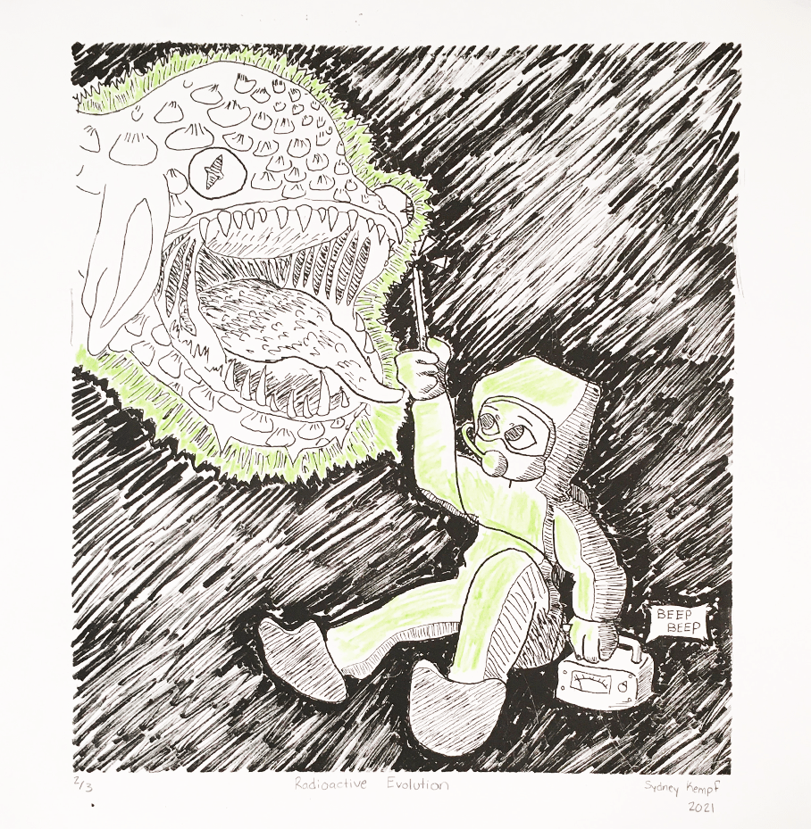A person in a diving/hazmat suit waves a geiger counter around a monstrous, glowing, radioactive fish.