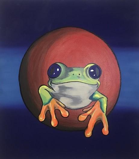 Within Hailley’s painting Expanding the Well she focuses on capturing her personal experience by using a bold color contrast to distinguish breaking boundaries and entering a new reality.
Expanding the Well was inspired by the Japanese saying “Jing Di Zhi Wa” which translates to frog from the bottom of the well. This expression comes from a fable about a frog that has lived its entire life in a small well. The frog assumes that its tiny world is all there is, and it has no idea of the true size of the world. It is only when a passing turtle tells the frog of the great ocean to the east that the frog realizes there is much more to the world than it had known.

