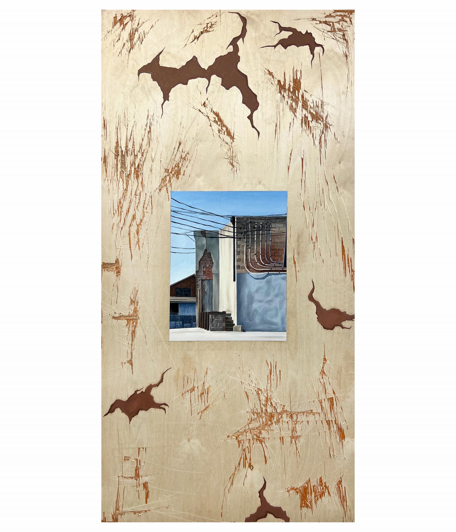 Exposed is a piece that combines the 3d and 2d nature of exploring decayed infrastructure. Interested in the different layers and types of change the depicted building and space has gone through, this painting includes scratched and battered plywood allowing the underneath to peak through much like the revealed brick in the painted image. The painting in the middle depicts a run down building captured by myself on Ridgely Street in Baltimore City.