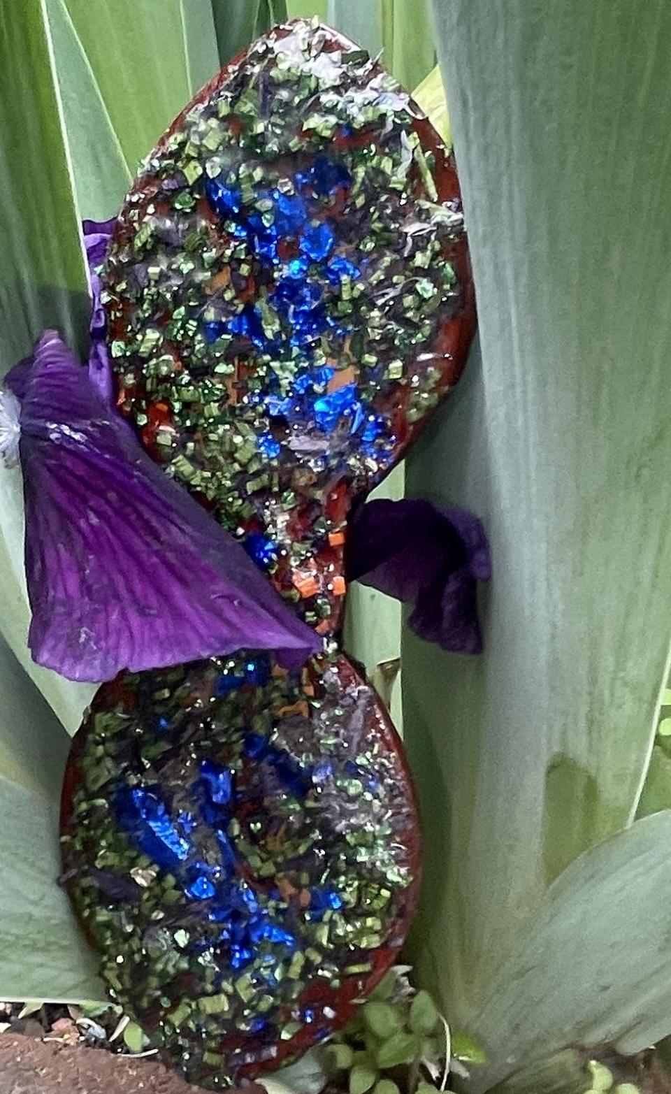 Abstract piece on Purple Heart Wood with 1 side natural wood w/ inlaid dragonfly wings and 1 sided as canvas for the artist.