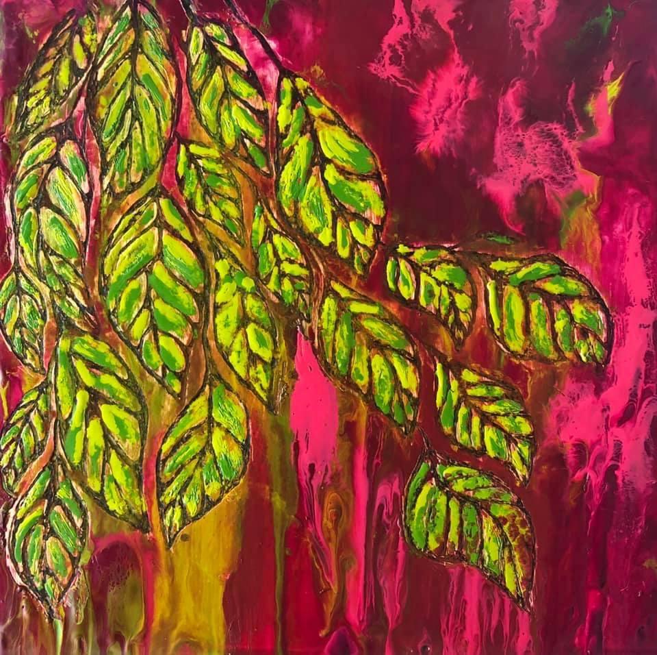 Pyrography drawing with layers of pink and green wax.