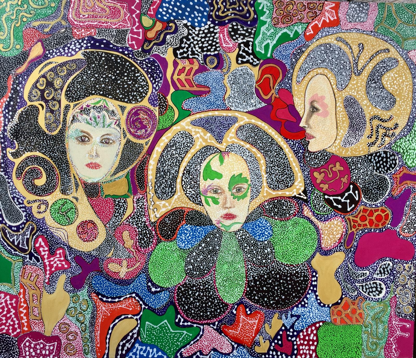 painting of three faces set into an intricate atmosphere