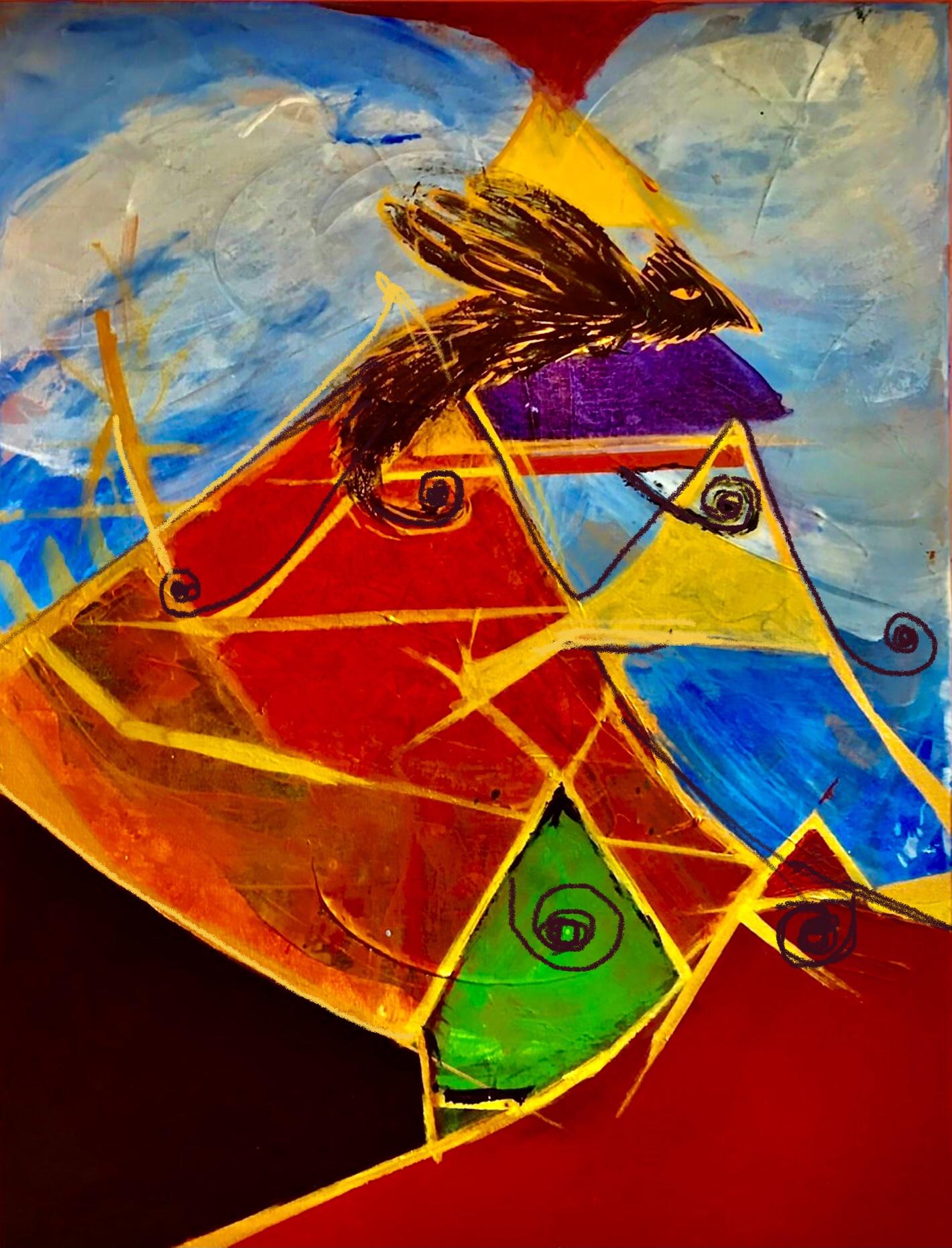 Our fascination with pyramids, the ancient near East, Egypt, desert, hieroglyphics, and black as a color and as the absorption of everything, led to this painting.