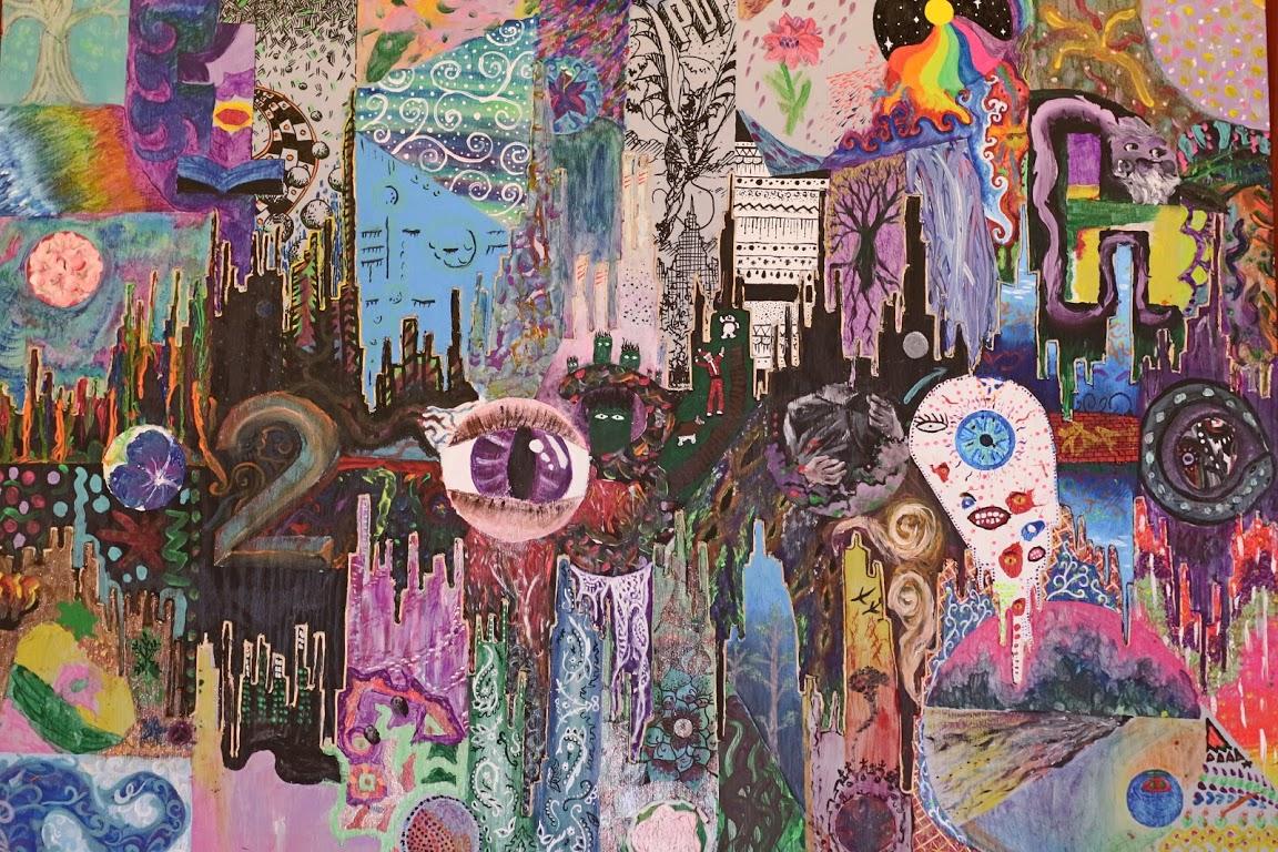 Metapainting over the waveform of a portion of the song "Flight of the Bumblebee" by Nikolai Rimsky-Korsakov.  This piece contains artwork from 72 participants created over 4 days.  It is also highly black light reactive and was attacked by a raging hallucinating "artist" on its rear panel.   The rear panel is entitled " Breakdown."   This painting has been displayed at 2 galleries in the state and is available for loan to schools and galleries an example of the Metapainting collaborative technique. 