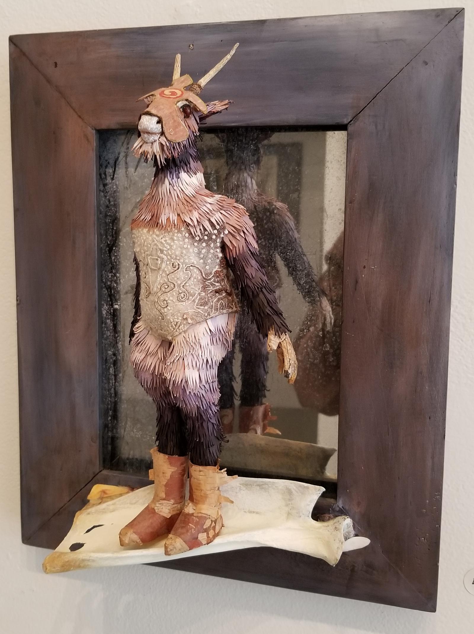 Sculpture - Deer man with bark mask, wet felted embroidered coat and cut paper fur, found objects