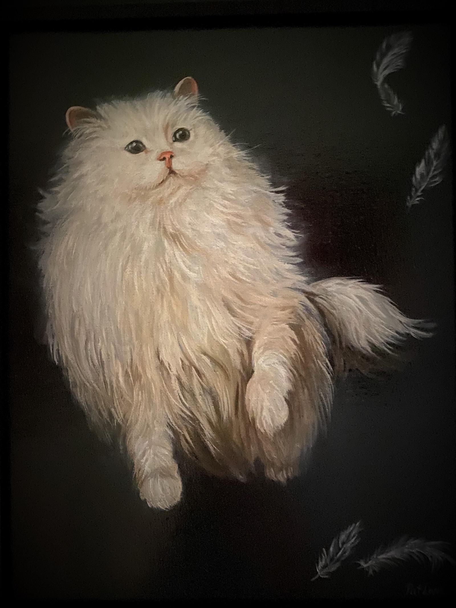 Oil painting of a white cat trying to catch falling feathers