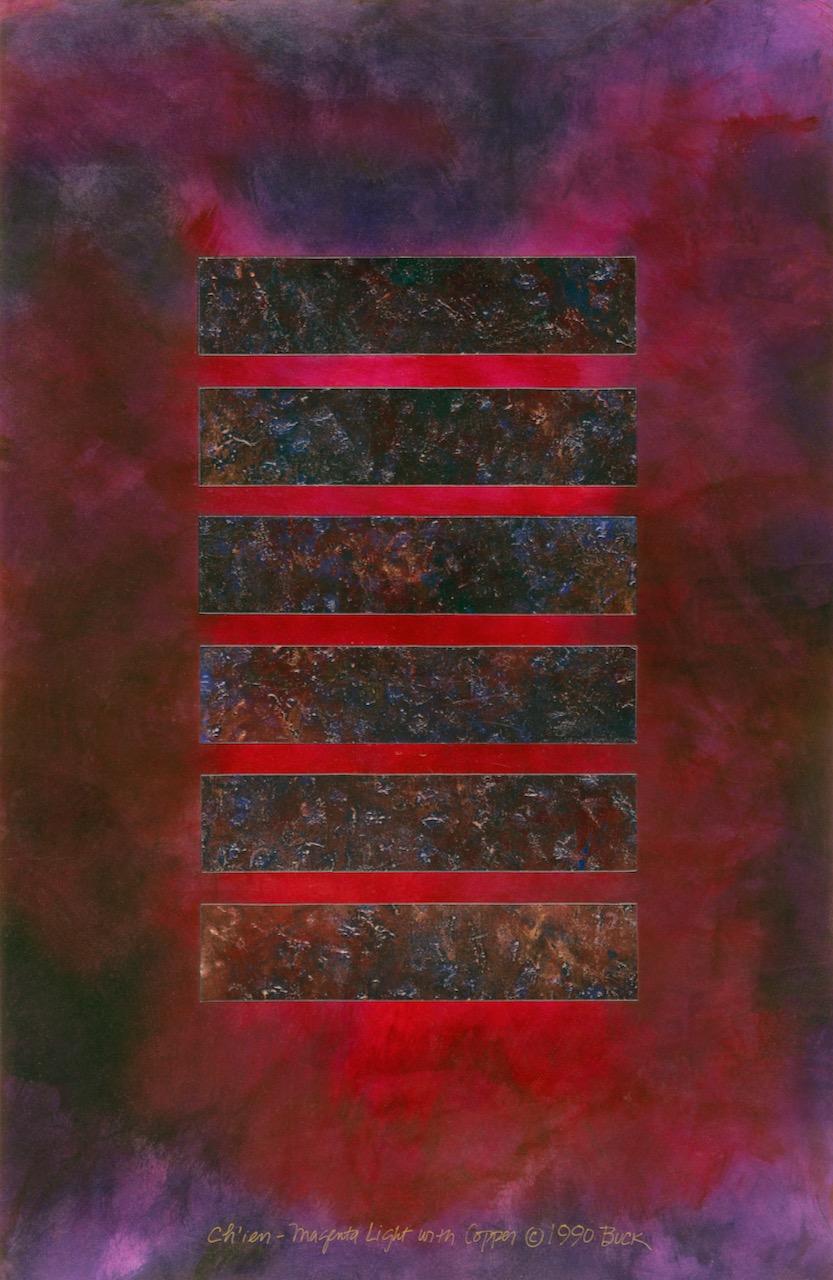 This luminous painting on paper is from the series Paintings of the I Ching. This work demonstrates the artists skill and sensitivity to color and the reflection of light in the painting. The bars are collaged elements whose dark metallic textures bring them to the surface . After many years in the artist's personal collection, This painting is finally available for purchase.
Inventory #1990-001