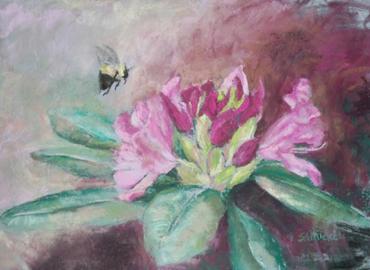 11x14 pastel of a rhododendron flower and a bumble bee in flight
