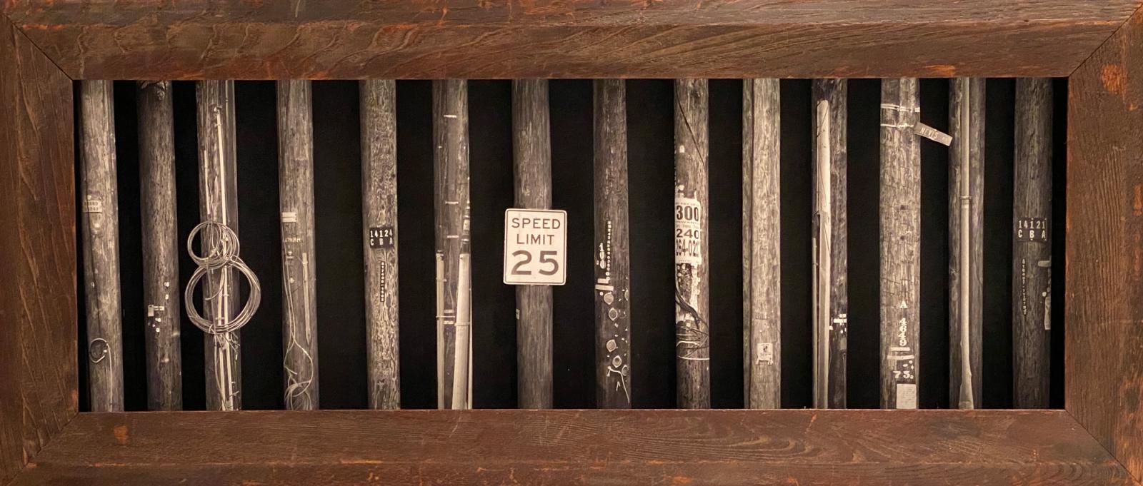 Images of individual telephone poles, printed on archival photo paper, then rolled into tubes and installed in a frame.