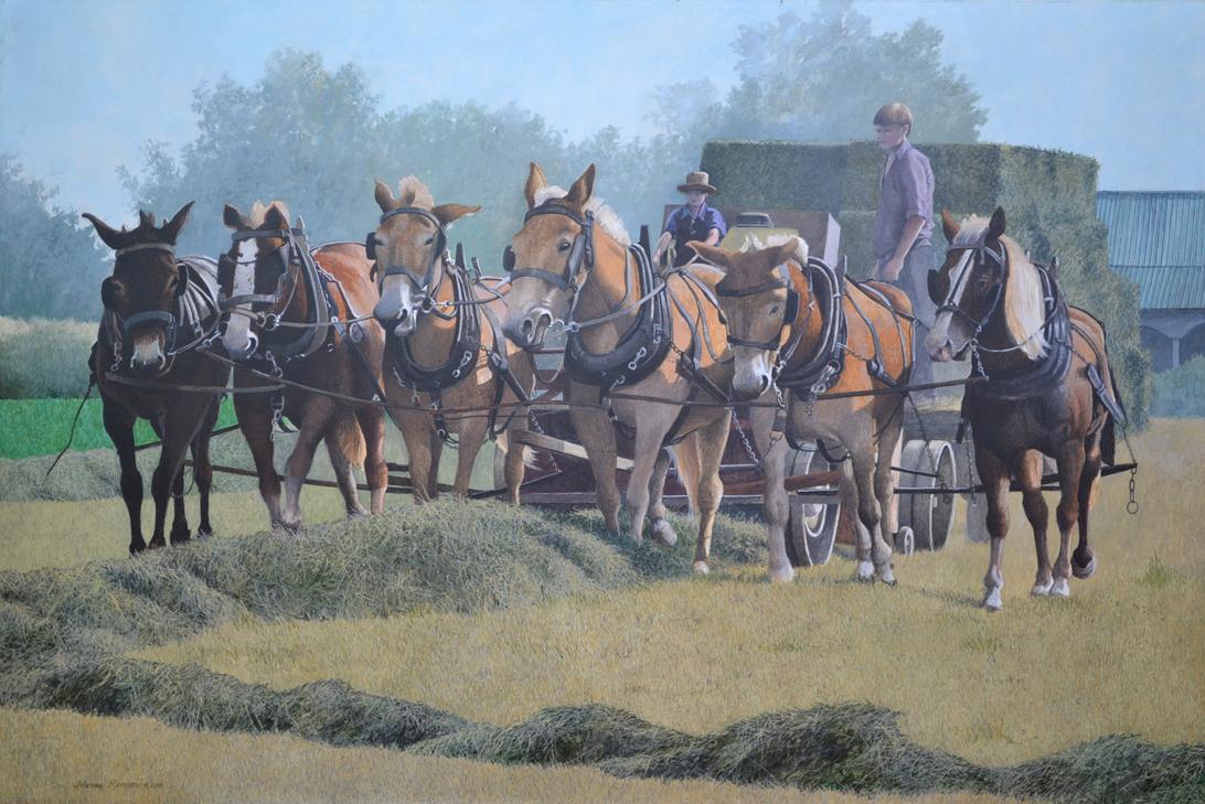 Amish boys baling hay. The team of animals consist of four mules and two horses.