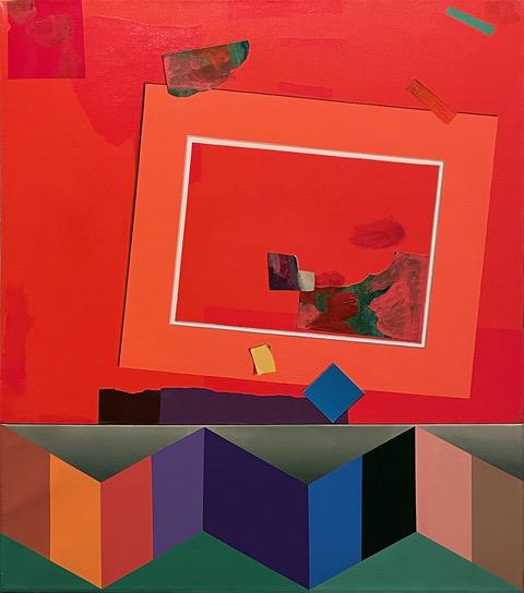 A "fool-the-eye" juxtaposition of one canvas with representation of colorful mat and free floating elements to second canvas with accordion-pleated vertical bands of color.
