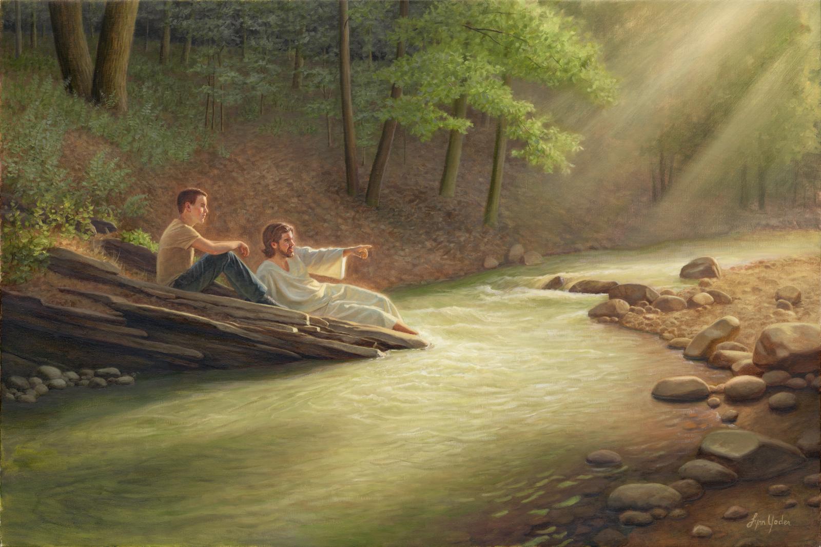 The painting entitled, “Friends,” is about everyday moments. Relationship with God happens, not only in church or in similar formal settings, but also at any moment when one is mindful of God's presence. Originally commissioned for a family who lost their son to cancer, this painting brings hope. The son loved being in nature. What better place than here to experience friendship with God? 