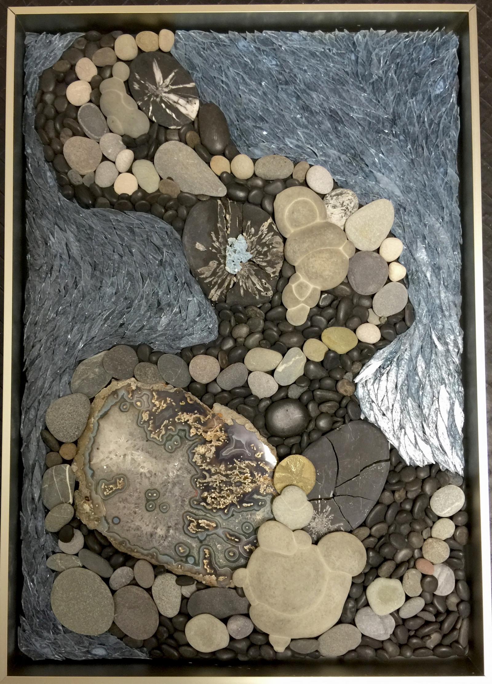 Natural Stone including Geode slice, Chrysanthemum Stone, Pyrite Sun, Goddess Stones, River Pebbles and layered stained glass. 