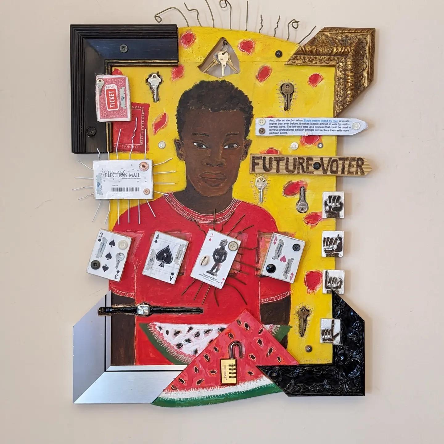 Dark brown adolescent male from chest up in red shirt; four playing cards floating across boy's chest; yellow background with objects attached: keys, watermelon image, and sign language spelling "mail."  Future Voter is spelled out on wooden strip to right side of boy's face.