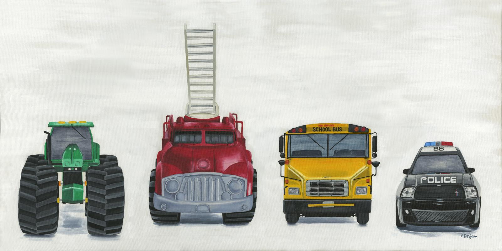 still life painting of little boy's toy cars