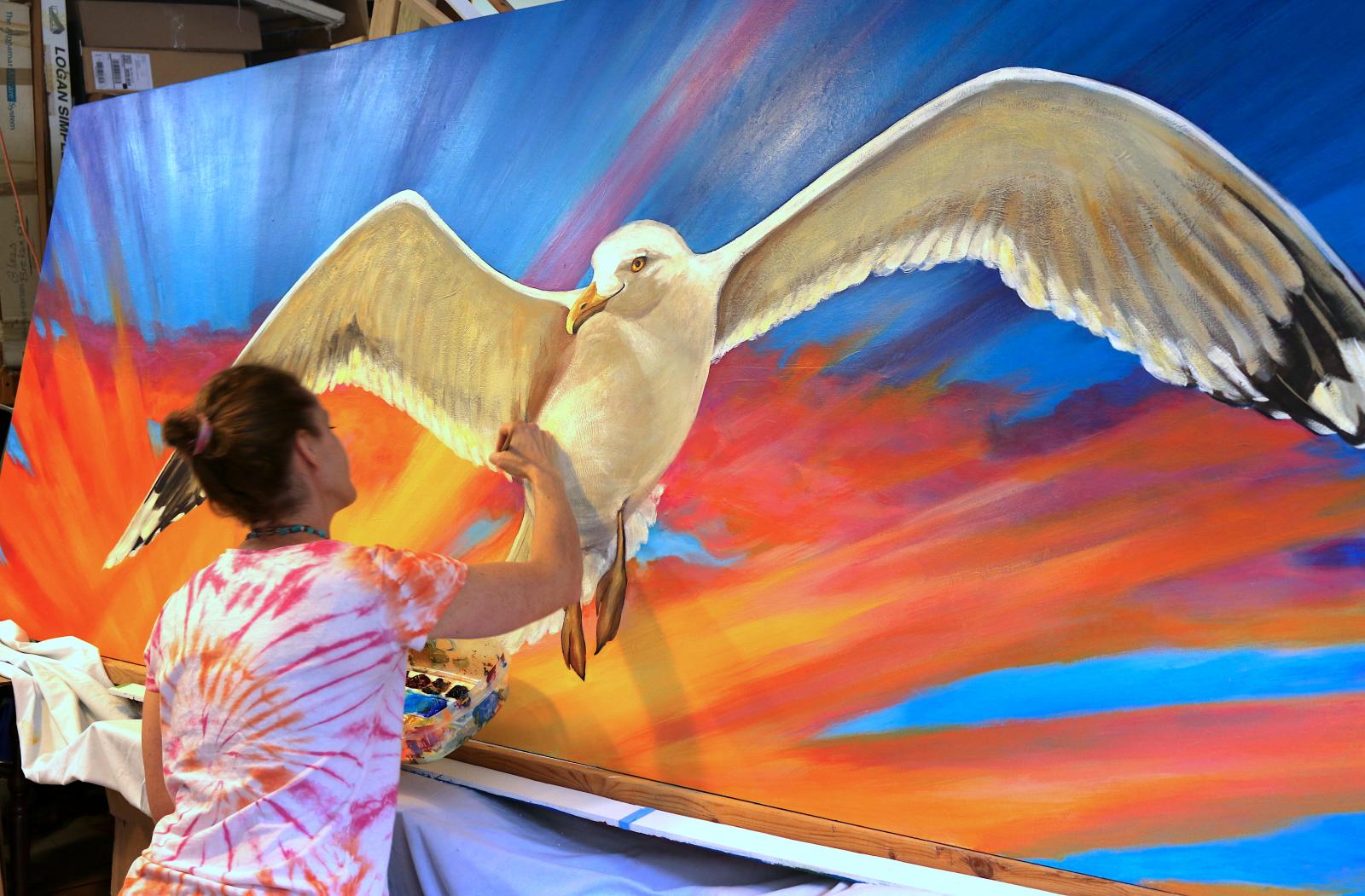8 ft detail of the16ft x 38 ft wall - Arts in Education Residency Mural - 3 months, 592 students then completed by Gayle Mangan Kassal - the mural highlights the school's mascot: the seagull and it's surroundings and creatures the students want to protect, from monarchs to terrapins.