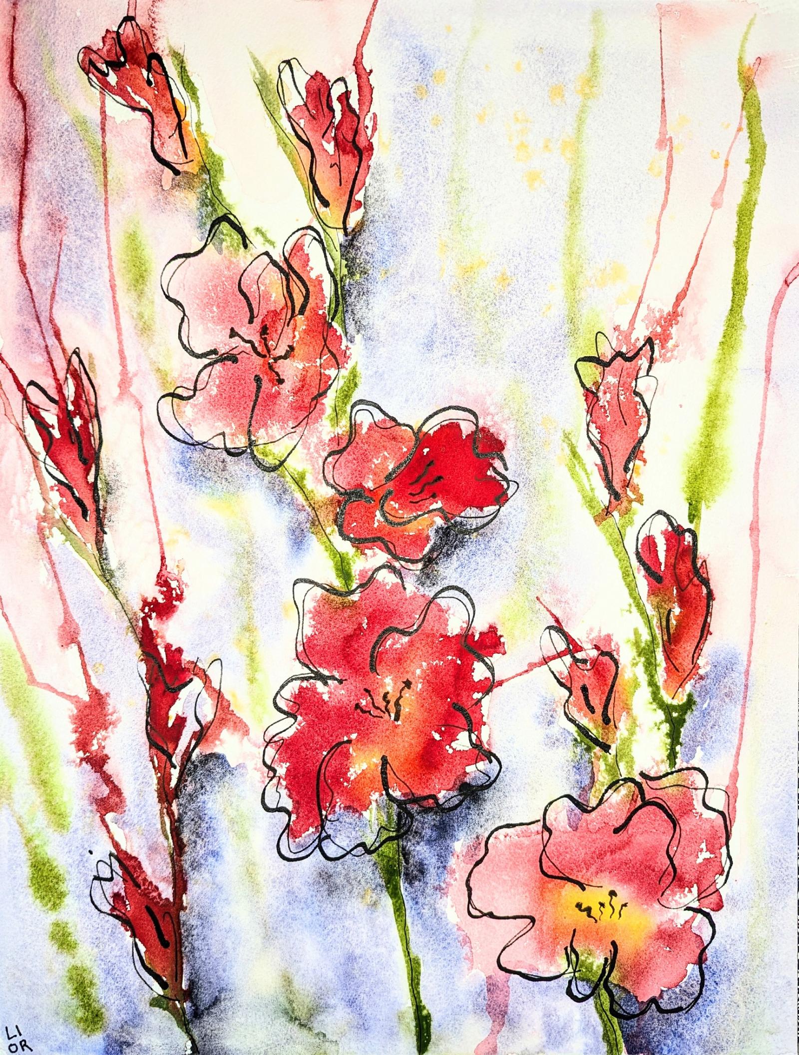 Inspired by the emergence of gladiolus flowers in the garden in early summer, and the dance of the blooms and stems in the early morning breeze.
